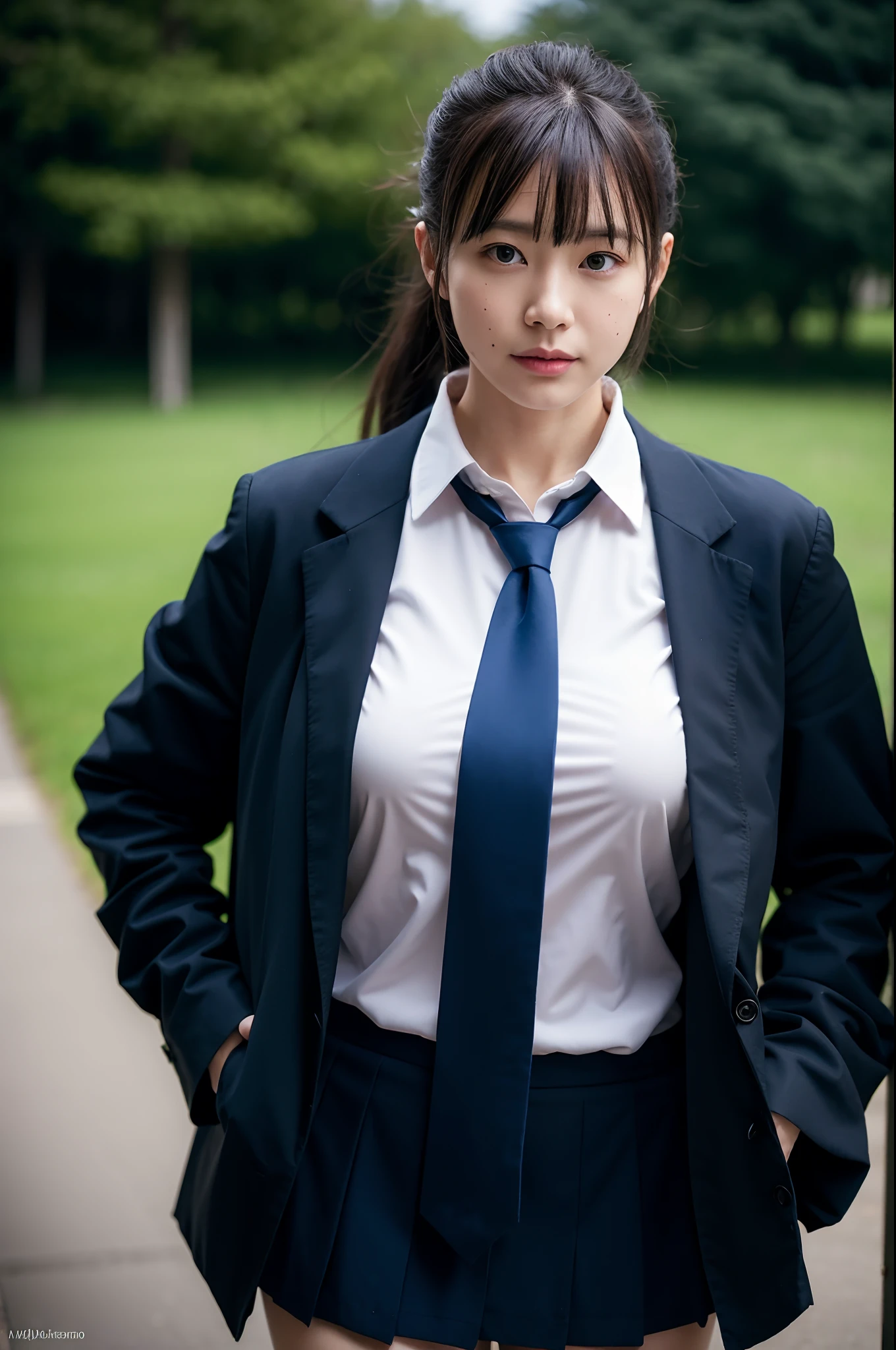 1girl, kazano hiori, solo, skirt, mole under mouth, black hair, rain, necktie, shirt, wet clothes, wet, school uniform, mole, grey jacket, breasts, long hair, striped necktie, blush, white shirt, pleated skirt, bangs, jacket, ponytail, looking at viewer, wet shirt, undressing, outdoors, see-through, open clothes, cowboy shot, thighs, medium breasts, underwear, bra, collared shirt, miniskirt, blue necktie, black skirt, grey eyes, sidelocks, beautiful woman,8k, ultra high res,RAW photo,(masterpiece:1.2), (best quality:1.2),realistic, photorealistic,sharp focus,professional