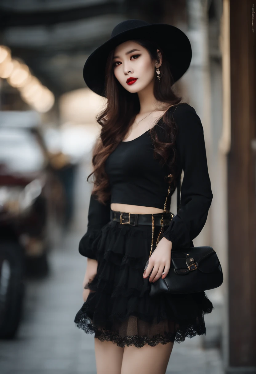 A woman in a short skirt stood on the street, a portrait by Yang J, Tumblr, baroque, trending at cgstation, cruel korean goth girl, trending on cgstation, white trendy clothes, White and black clothing, very beautiful goth top model, ulzzangs, xintong chen, kanliu666, korean women's fashion model, Handsome girl,Write on clothes,Find me to buy pictures of steel four stations