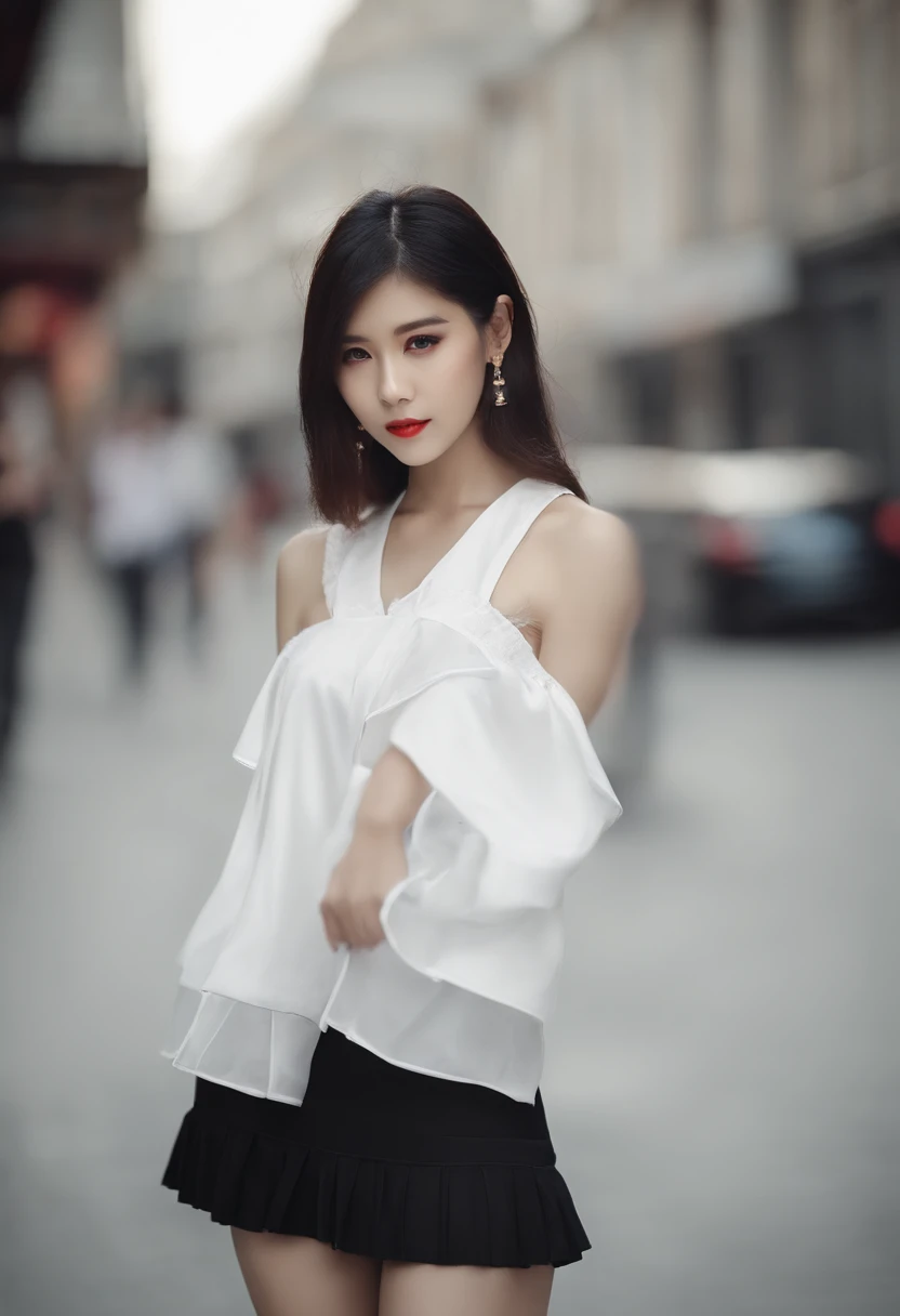 A woman in a short skirt stood on the street, a portrait by Yang J, Tumblr, baroque, trending at cgstation, cruel korean goth girl, trending on cgstation, white trendy clothes, White and black clothing, very beautiful goth top model, ulzzangs, xintong chen, kanliu666, korean women's fashion model, Handsome girl，Write on clothes，Find me to buy pictures of steel four stations