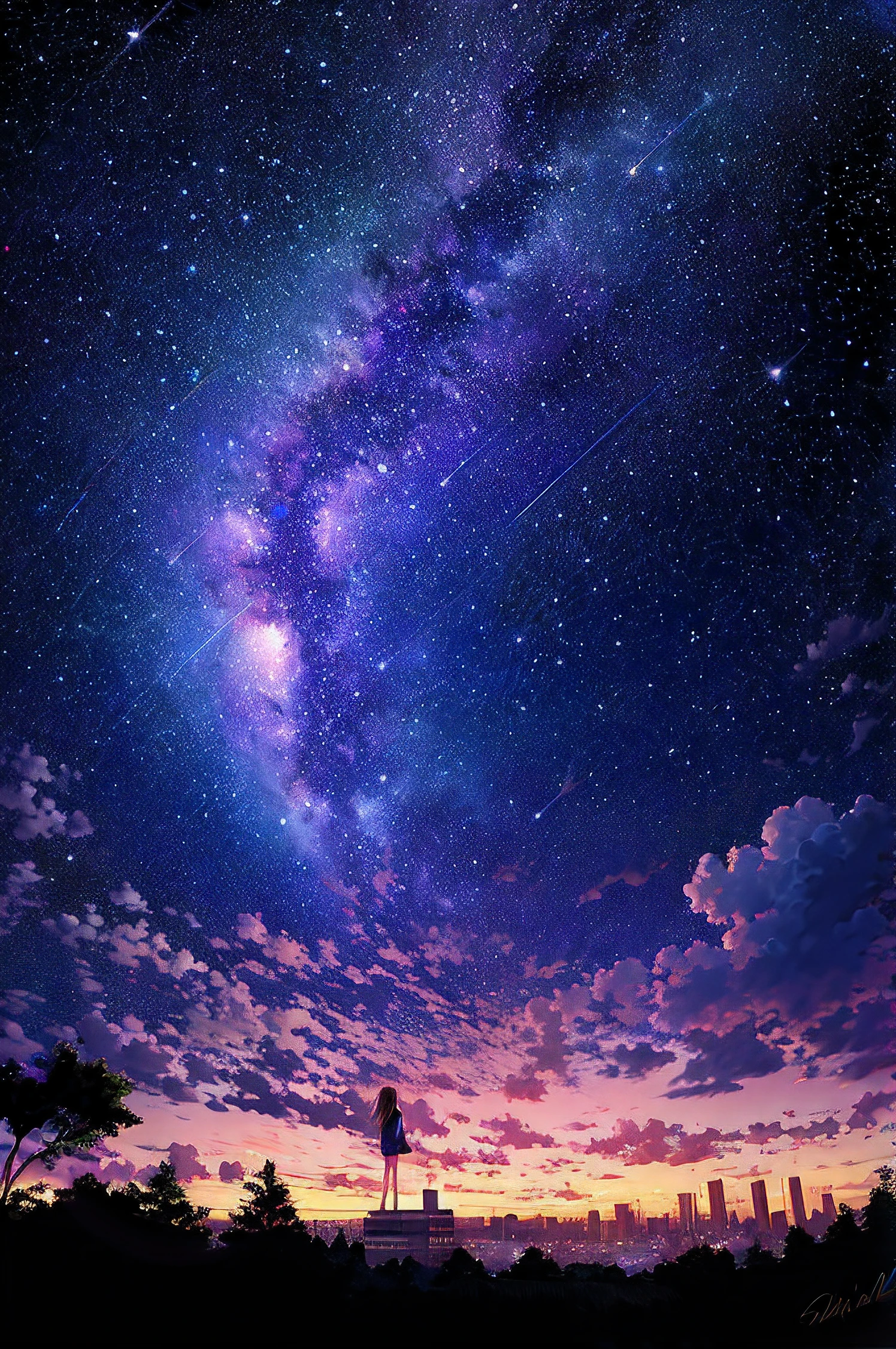 octans,Skysky,As estrelas(Skysky),scenecy,starrysky,the night,1girl,nigh sky,独奏,exteriors,buliding,clouds,galactic,sitted,The tree,Long hair,城市,siluette,view over city,Big Dipper