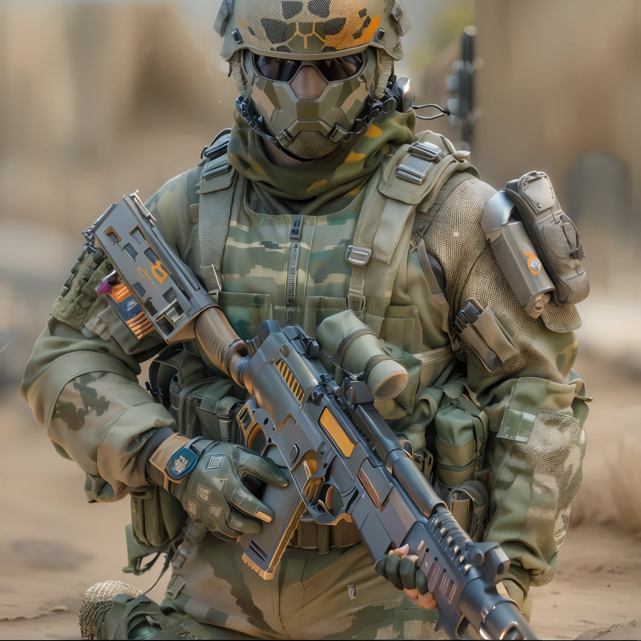 ((3D quality)),Futuristic male military commander,A fantastic one ((Square mesh desert camouflage helmet silver light)) and a pair of mechanical feet,( Red five-star armband:1.6),Use a pair ((Desert camouflage gloves)), no shoe, garbed in ((Desert camouflage combat uniform)), Stand in Cyberpunk City, holding gun, holding gun, rifle, hand gun, assault rifle, Wear EP tactics, Tactical Dagger,sface focus, hyper HD, anatomically correcte, Best quality, Full body panel