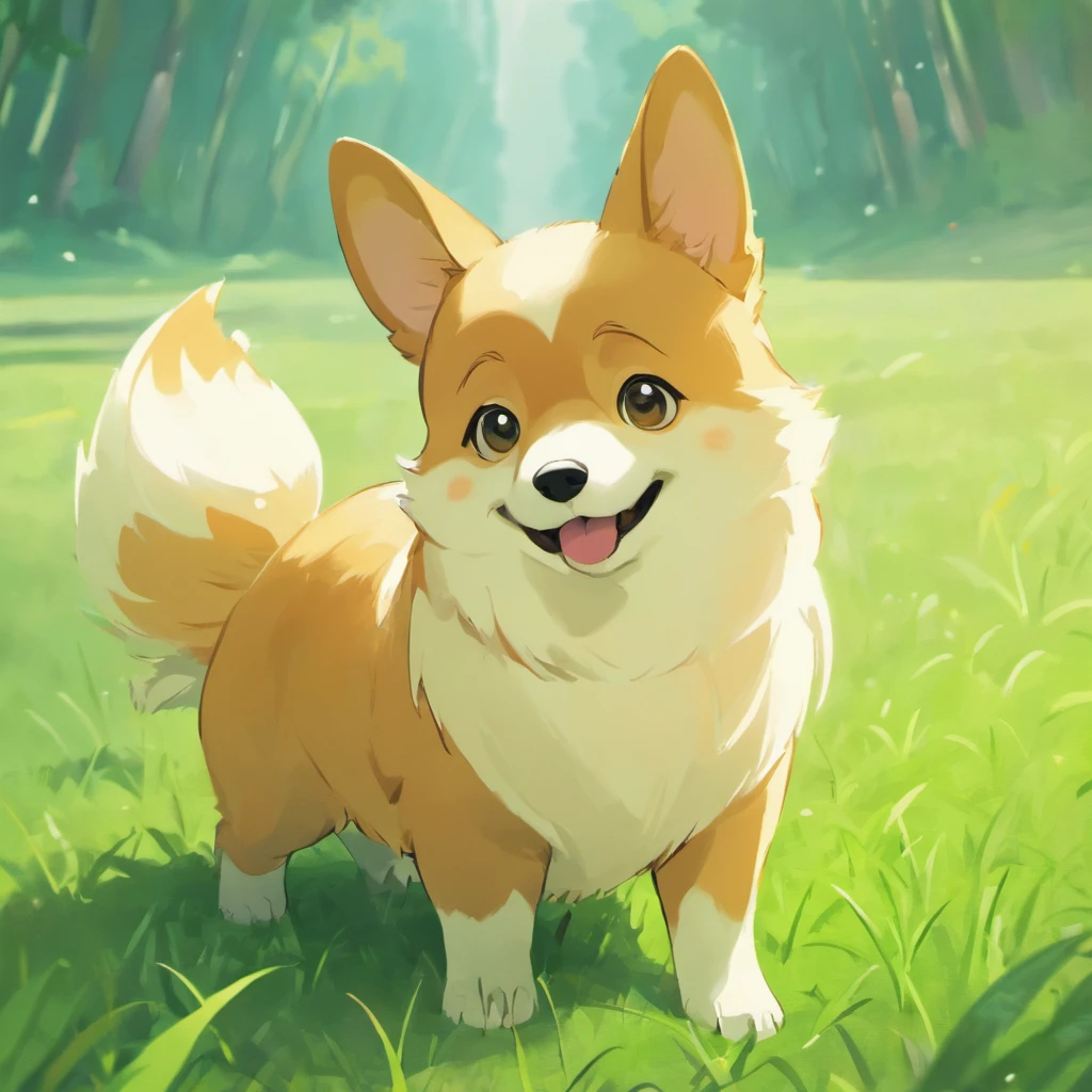 Corgi Chinese illustration movie lighting effects，A corgi dog walks on the grass，His eyes looked forward，Optimize eye detail，A corgi dog sitting on the grass，His eyes were fixed on the screen，Optimize eye detail，best qualtiy，high detal，best qualtiy，8K, 3Drenderingof，VR5.0 Renderer rendering，unreal engine 5 render