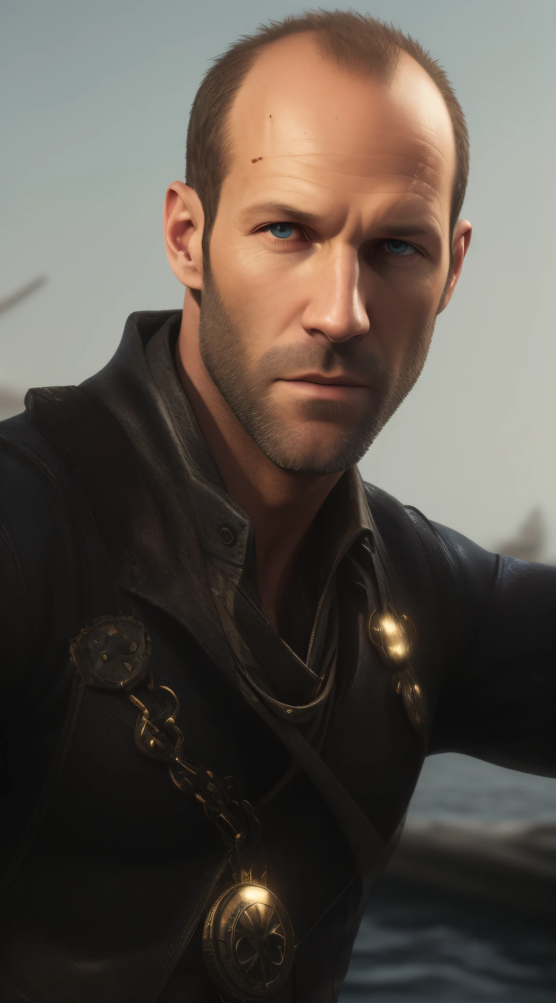 １Jason Statham、top-quality、Top image quality、The upper part of the body, beautiful, Dark Nautical, concept design, street level view, Environment modeling, Detailed, Sound art, azure colors, Medieval, fluorescent lighting, ultra realistic, photorealistic, octane render, unreal engine, hyper detailed, volumetric lighting, hdr, octane render, fantasy 4k