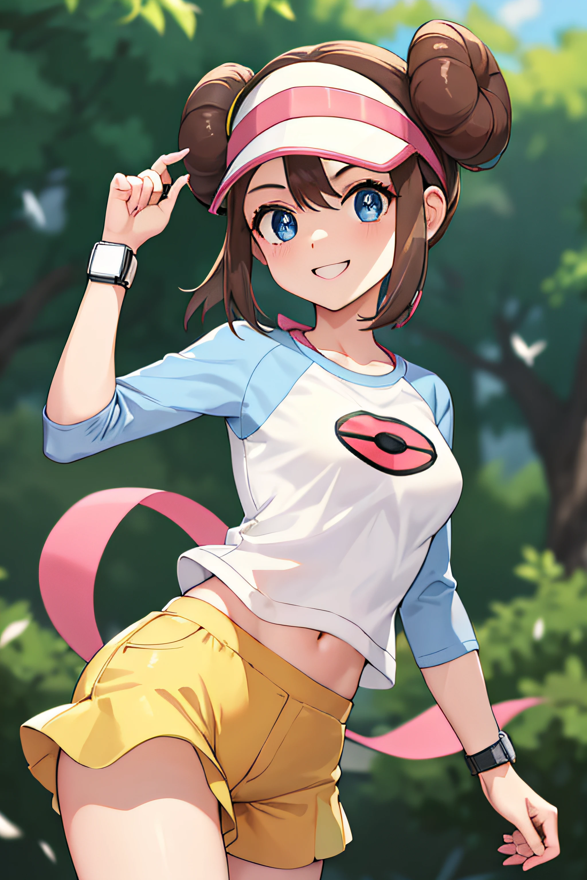 ​masterpiece, top-quality, Hi-Res, RO1, Hair buns, blue eyess, Twin-tailed, Visor Cap, panthyhose, raglan sleeves, Yellow shorts, The shirt, Pink ribbon, wrist watch, is standing, cowboy  shot, deph of field, pokeball \(basic\), a smile,directly in front