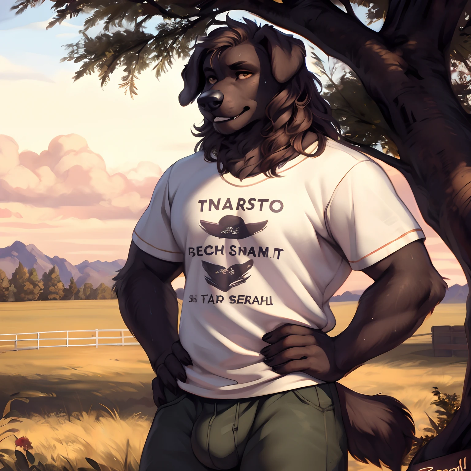 (by zackary911, by nextel, by personalami, by honovy), solo, male, golden hour, outside, farm, field, hands on hips, graphic tee shirt, bottomless, smirking, evil grin, rape face, looking at viewer, canine, ((hair, snout)), newfoundland, newfoundland dog, heavy sweaty hairy balls, veiny penis