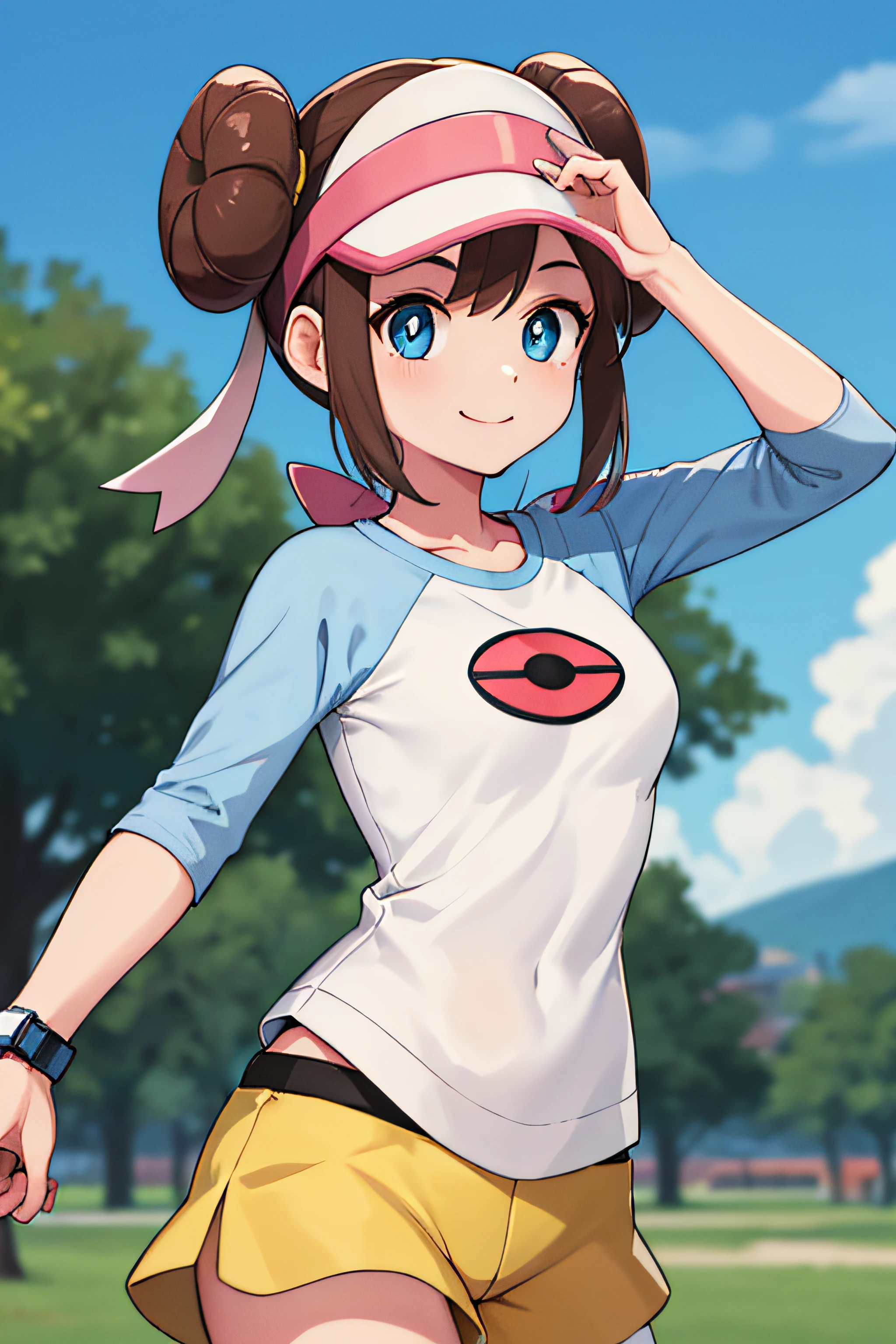 ​masterpiece, top-quality, Hi-Res, RO1, Hair buns, blue eyess, Twin-tailed, Visor Cap, panthyhose, raglan sleeves, Yellow shorts, The shirt, Pink ribbon, wrist watch, is standing, cowboy  shot, deph of field, pokeball \(basic\), a smile,directly in front