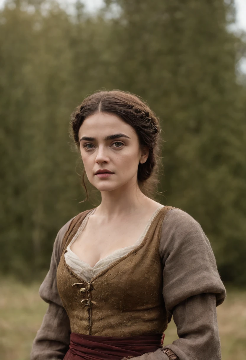 Portrait Photography, face shot of a mix between Maisie Williams and Salma Hayek as a medieval fantasy 50 year-old shepherdess, perky breast, deep cleavage, tight dress, wrinkly, revolting looks, short salt and pepper hair, goatee, serious expression, medieval fantasy shepherdess clothes, in a medieval countryside, The colors are masterfully captured by Nikon D850 and a Nikon AF-S NIKKOR 70-200mm f/2.8E FL ED VR lens, Peter Jackson, fantasy, historical