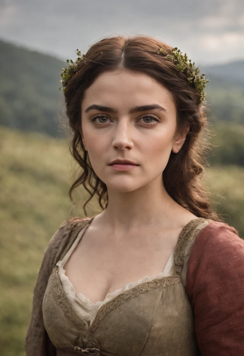 Portrait Photography, face shot of a mix between Maisie Williams and Salma Hayek as a medieval fantasy 50 year-old shepherdess, perky breast, deep cleavage, tight dress, wrinkly, revolting looks, short salt and pepper hair, goatee, serious expression, medieval fantasy shepherdess clothes, in a medieval countryside, The colors are masterfully captured by Nikon D850 and a Nikon AF-S NIKKOR 70-200mm f/2.8E FL ED VR lens, Peter Jackson, fantasy, historical