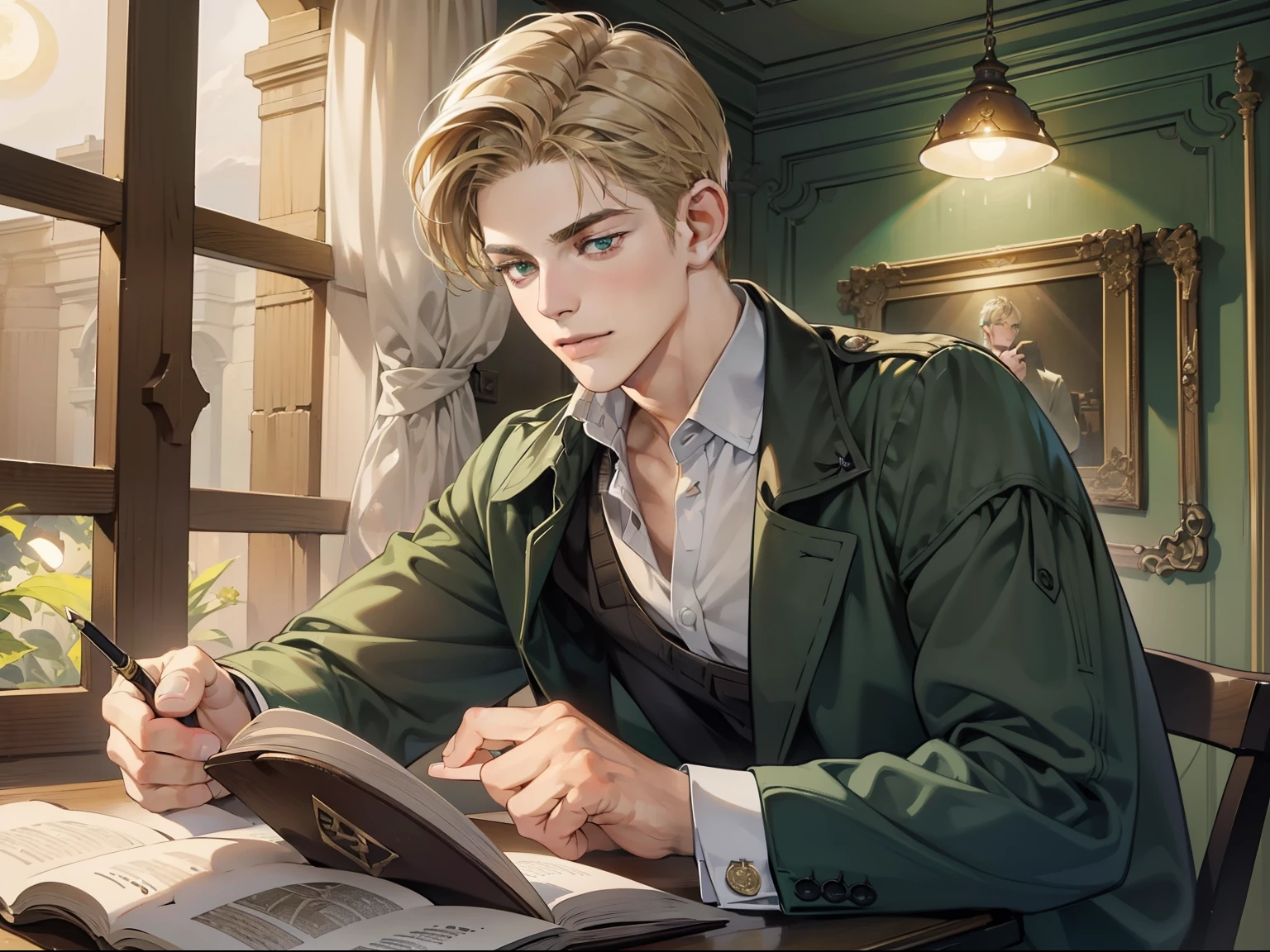 masterpiece, best quality, realistic, 1man, mature male, quiet and charming young man, 18 years old, close his eyes, smirk, closed mouth, extremely detailed face, a little distant, ((dark green eyes)), ((short-side-swept sandy blonde hair)), [thick eyebrows], 4K, (ancient rune studying), in the studying room, (moonlight)