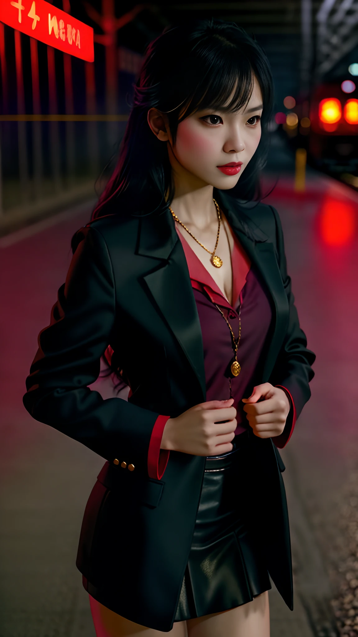 Photo realistic,front lit face, vibrant colors, preternatural skin, preternatural beauty, volumetric fog, Classy regal Japanese Female,very pale skin, 4 fingers one thumb, buttoned up black wool blazer, blazer collar popped up, blood red undershirt,long black silk, black silk skirt with slit, elaborate gold chain ruby pendant necklace,walking on train platform at night, focal length 35mm distance 12 feet, full body