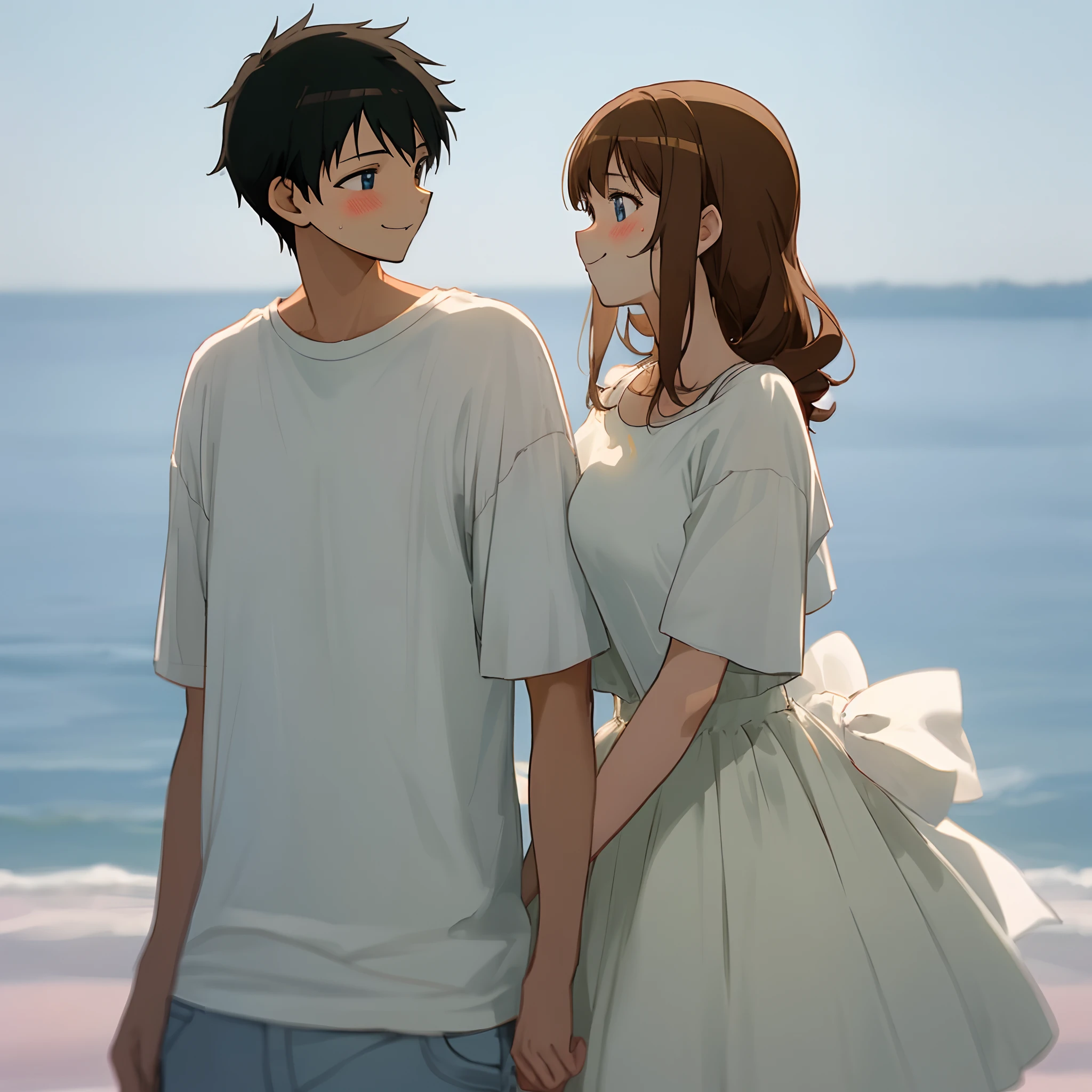 A couple, anime, looking each other , the boy wearing a white t shirt , cute face, the girl wearing a frock,