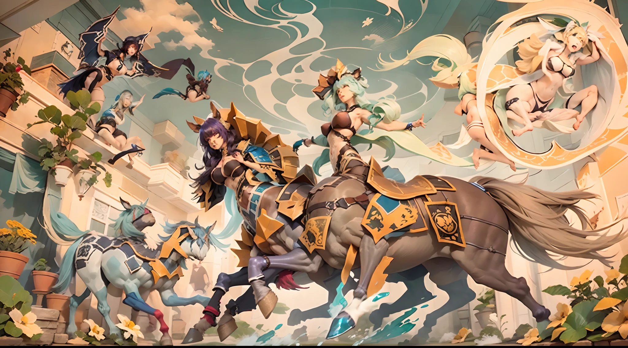 In the beautiful illustration of this super-grand scene，The ultra-long-range lens is shown（Over eight unique centaur characters：9.9），They all have their own characteristics，Vivid and interesting。Radiant angelic centaurs from the heavenly realm，To the hellish centaurs surrounded by nightmarish flames，And then to the Wind Fairy Centaur dancing in the air，There are also one-horned centaurs surrounded by thunder and lightning，and mechanical centaurs that shine with metallic light，And then to the powerful dragon centaur with colored dragon scales covering the whole body，The elegant and agile elf centaur always wears a flower crown with its slender graceful lines，Enchanting and charming Tiflin centaurs。Each character has their own unique charms and abilities。The illustration uses advanced artistic techniques and tools，（Divide the scene into sections by geometric arrangement：9.9），Each section corresponds to a centaur character，This makes more efficient use of space。Through Midjourney's advanced brush tools、Color palette、Material packs and model packs，For each centaur, beautiful props are designed to increase racial characteristics、Clothing and physical features，Enhances the character's personality and visual appeal。The scenery in the illustrations is stunning，There are changing skies、rainbowing、extreme light、Stars and Moon。Incorporating iconic landmarks such as Mount Everest，and fireworks、tranquil lake、Natural and urban elements of waves and neon lights，Creates a magical atmosphere。The centaurs display their unique abilities and equipment in a variety of environments，This is true even in extreme alien landscapes。（Use Midjourney's tools、Material packs、Texture tools、The color palette makes depicting details vivid and realistic：9.9），From complex hairstyles and as well as different racial traits、Body、Appearance features、Clothing to real textures，This greatly enhances the realism of the characters and surroundings。The fusion of multiple art styles adds movement to the centaur's