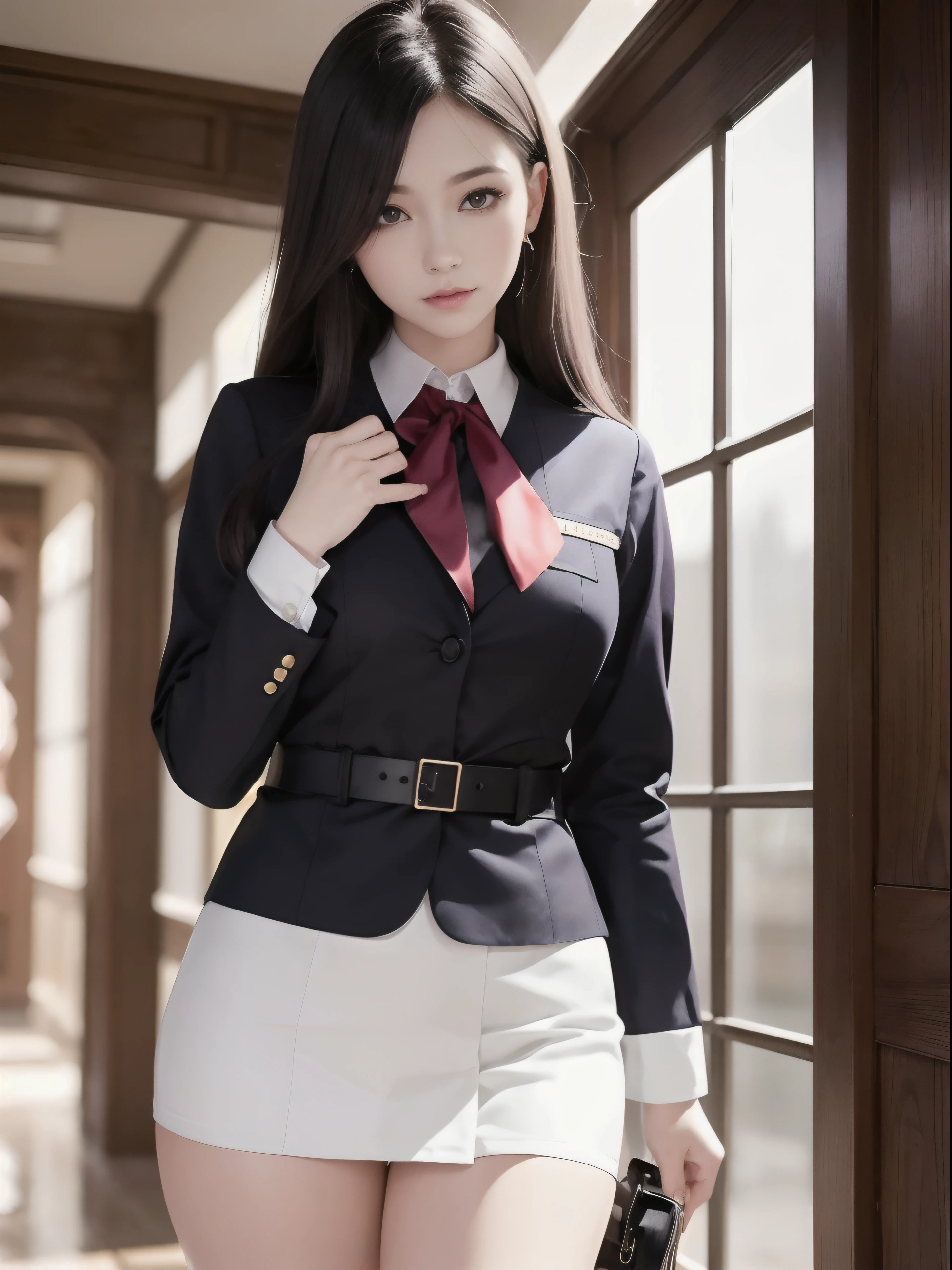 Girl vs, beautiful vintage color, (Puffy eyes), looking at viewert, full bodyesbian (Best quality, masutepiece: 1.2), (Realistic, photographrealistic: 1.37), (Sharp focus: 1.2), Professional lighting, photon maping, Radio City, physically-based renderingt, (Pale skin: 1.2), (smallunderboob: 1.2), looking at viewert, (Medium hair: 1.5),D-cups,A miniskirt、thighs thighs thighs thighs、 Portrait, Purple pupils , (Silver: 1.1), bangs, (Simple background: 1.4), Solo, Upper body, Realism, (masutepiece: 1.4), (Best quality: 1.4), (Fair skin), The mage's sister, Makeup, Smile (Thin, Shut up, Shy: 1.3), (, Black Stewardess Uniform, A Necromancer: 1.1), Medium bust, Sexy pose,western building、Hall、Background blur
