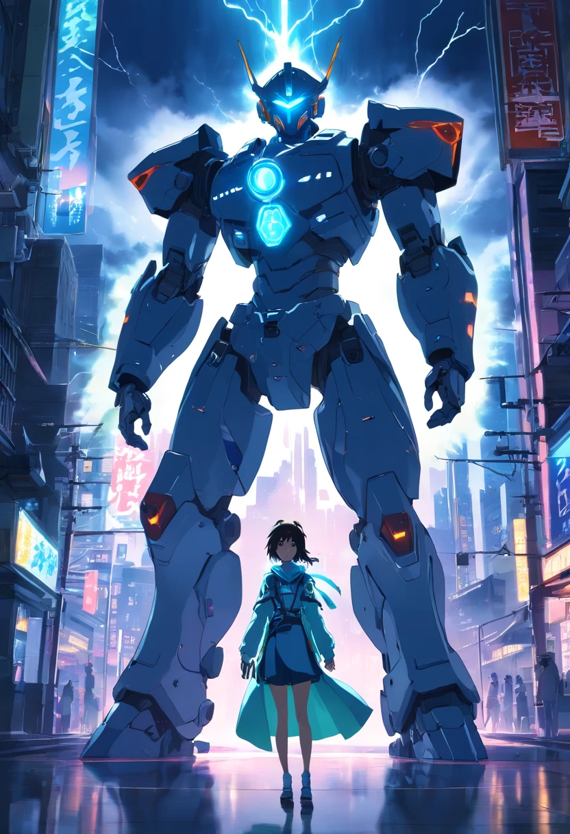 Ghost Hunter, (Giant :1.6), super cool ghost killer, wearing mechanical armor, surrounded by lightning, holding a katana, standing in front, super detailed, realistic, shiny, reflective, bioluminescent, Galaxy control Mask, Mecha, (Hangman:1.2), Cape, SH4G0D, GlowingRunes_red, Full body, film, dark background, backlight, high contrast, developed city