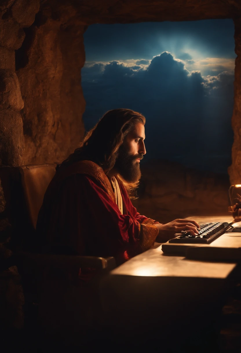 Describe a scene in which God is represented as Jesus, Sitting in front of a computer typing on the computer keyboard, creating the world in the background of the image