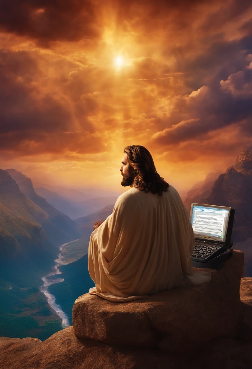 Describe a scene in which God is represented as Jesus, Sitting in front of a computer typing on the computer keyboard, creating the world in the background of the image