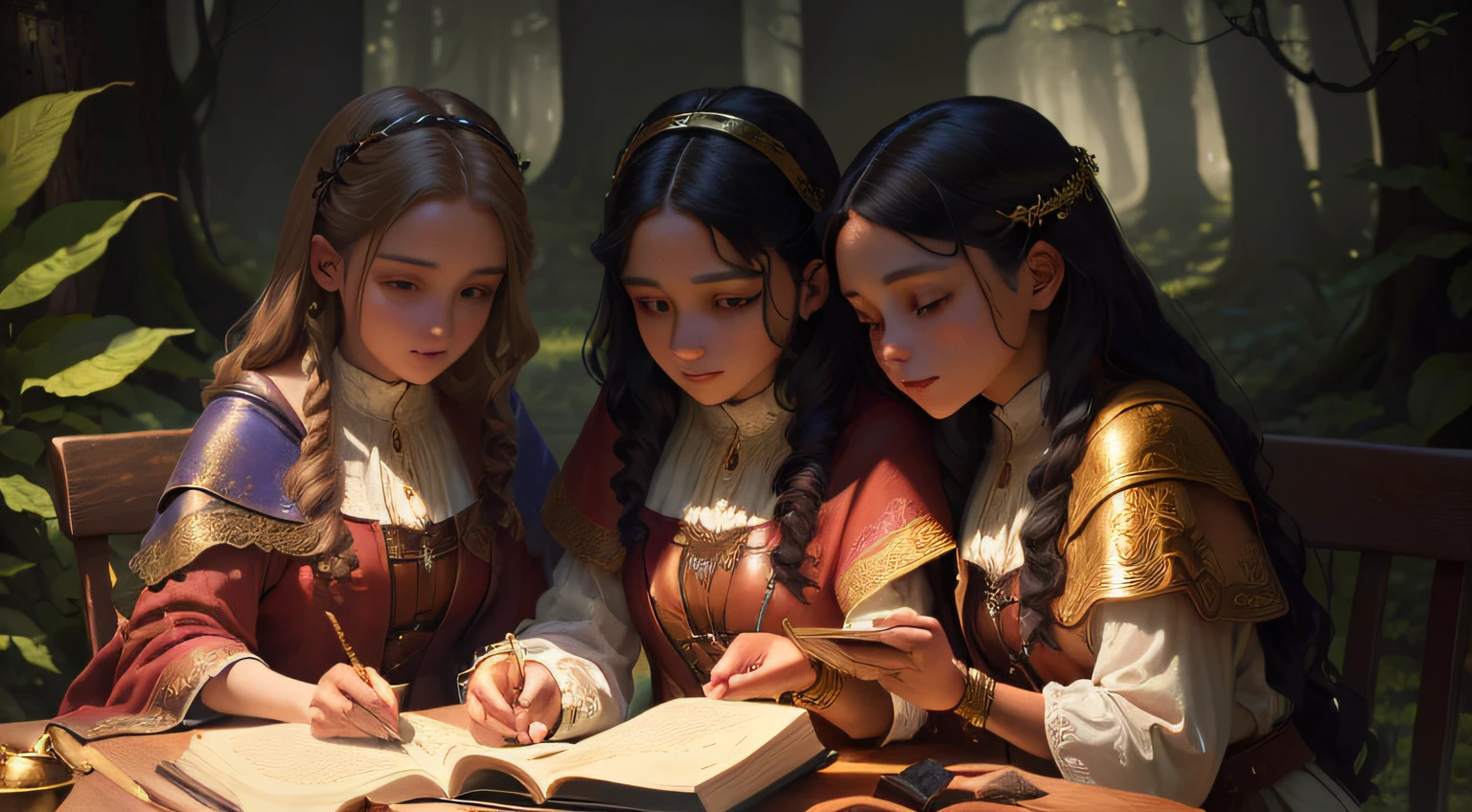 the 3 magical sisters, brown in color, find in the enchanted forest, an old book, bound in leather with gold leaf, 8k image.