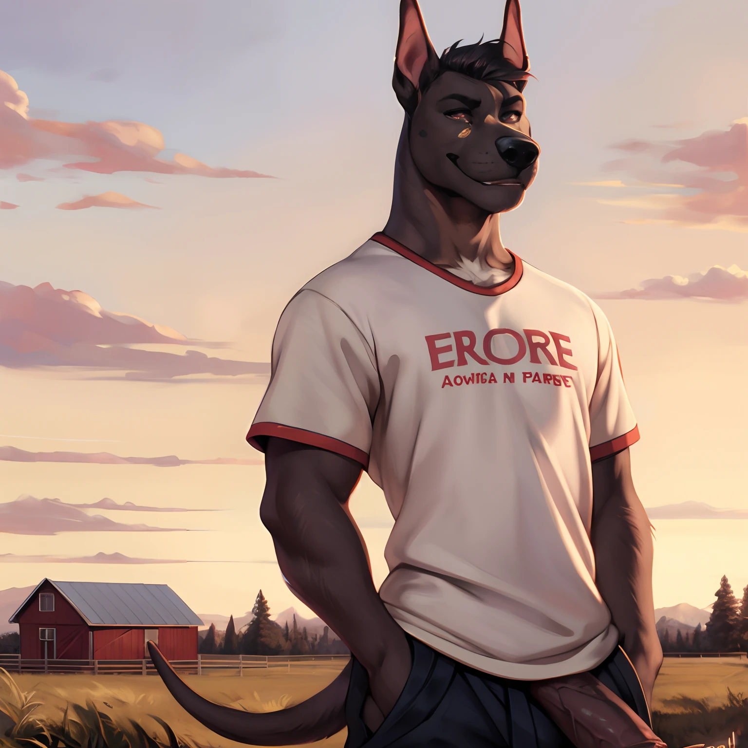 (by zackary911, by nextel, by personalami, by honovy), solo, male, golden hour, outside, farm, field, hands on hips, graphic tee shirt, bottomless, smirking, evil grin, rape face, looking at viewer, canine, ((hair, snout)), great dane, heavy sweaty hairy balls, veiny penis