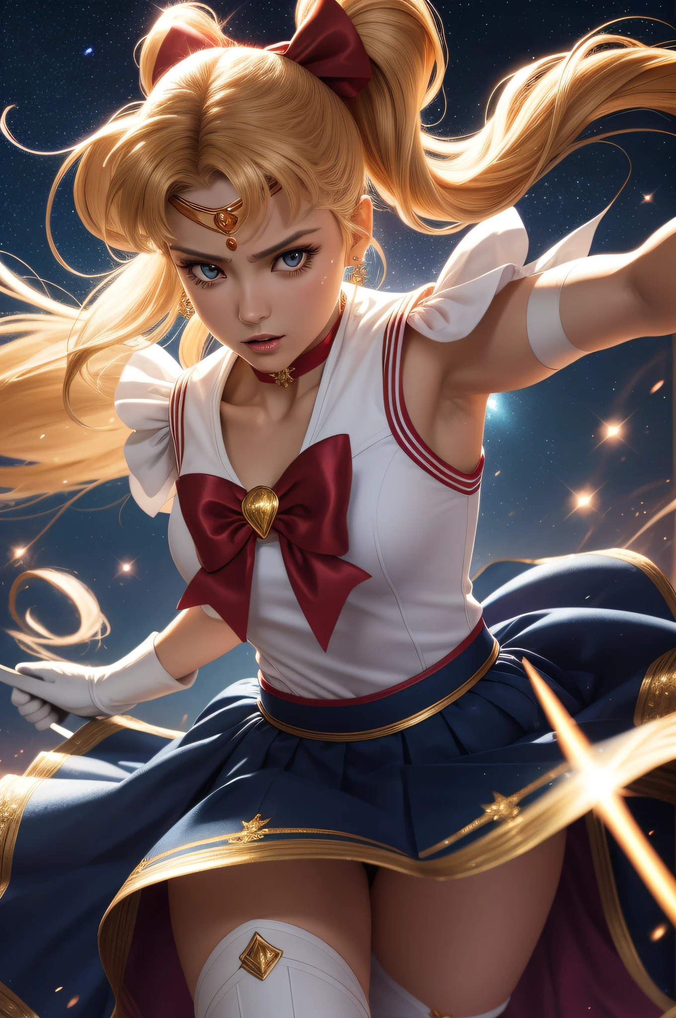 Arti modern anime. angled view, closeup action portrait beautiful mature "Sailor moon" as an mature 30 year old adult lady, fighting a shadow monster, rough battle fight scene, long blonde pigtails, magic transforming scene, holding a magical and powerful heart sceptre, leaning forward, slim body, highly ornamented and detailed "glitter crystal clothing details", ("blue skirt"), ("red chest bow"), ("white gloves"), angle, "knee high heel boots", depth of field blur effect, night, photorealistic. cinematic lighting, highly detailed. best quality, 4k, Better hand, perfect anatomy, aggressive coy flirty focused expression, flat chested, highly ornamented clothing, fight battle pose, surrounded by star dust sparkling around her, red ribbons spinning around body, bright light from forehead, stars in the background, bend knees, magic powerful light glowing from body, magical ribbons, turning, face sitting angle, stepping, in Tokyo city as a battlefield war zone