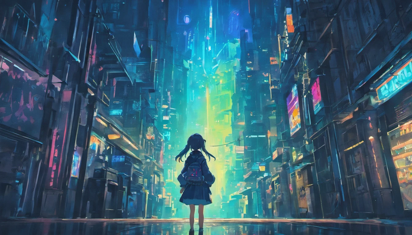 view looking up at cyberpunk city, from below, blue neon, perspective, deep in the night, back view of a girl looking up