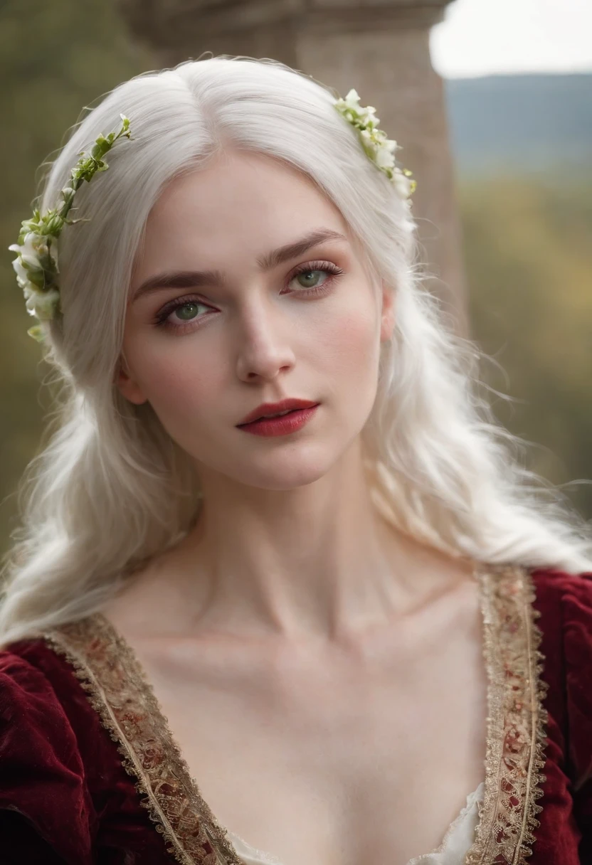 (((a deep reddish wound crosses her left cheek))) fair complexion, woman around 19 years old, natural white hair, distinctive green eyes, wearing kohl, slender and graceful, beautiful, candlelight in a medieval setting, ultra sharp focus, realistic shot, medieval female clothes, tetradic colors (scar:1.4) and sexy poses