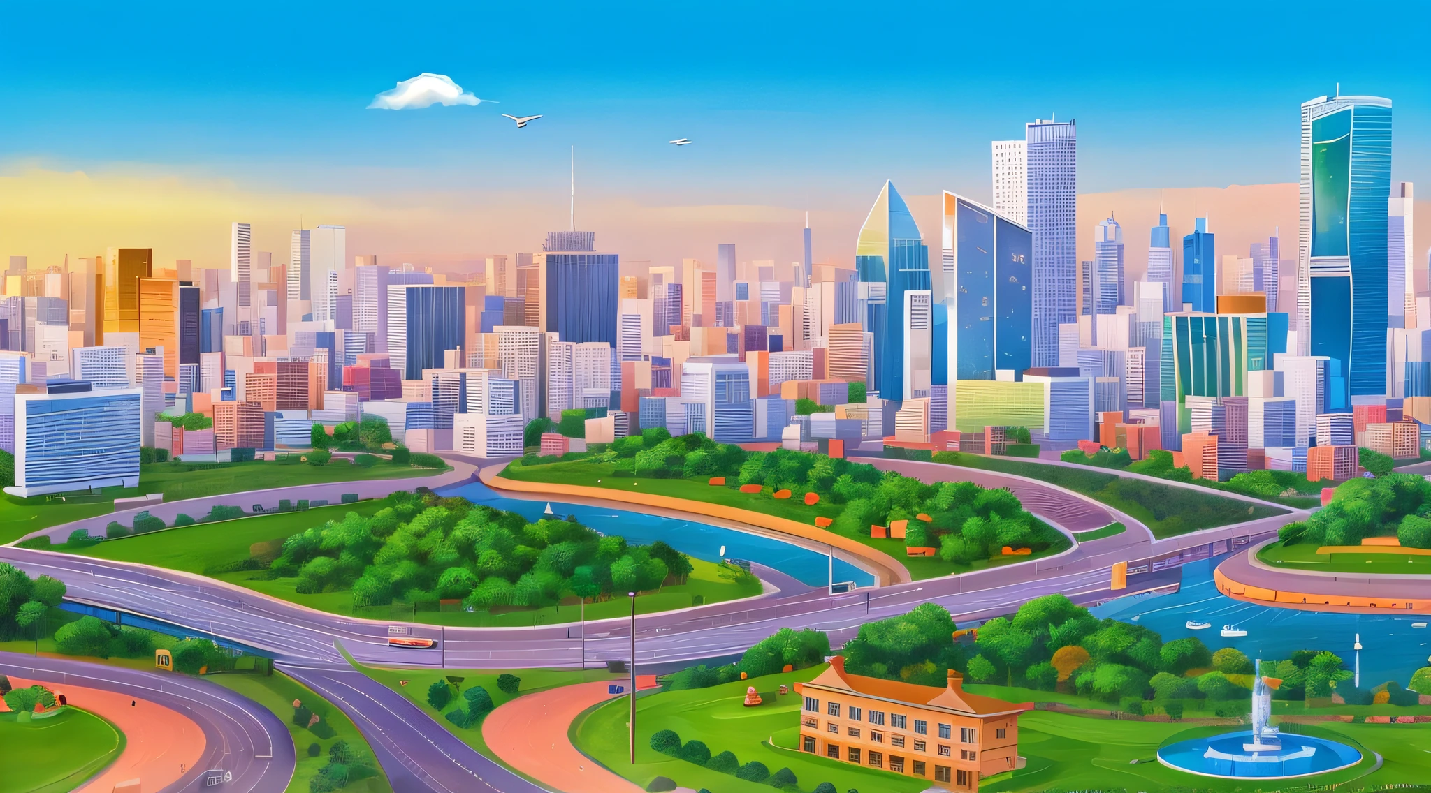 A painting of a city with many buildings and roads, day cityscape, countryside city scene, urban backdrop, urban backdrop, beautiful cityscape background, city on the background, city in backround, Busy city on background, Beautiful cityscape, Beautiful city, Modern city background, megacity background, detailed city background, City landscape, Beautiful city of the future, urban surroundings,charact:Learn about the culture of integrity,Build a beautiful motherland