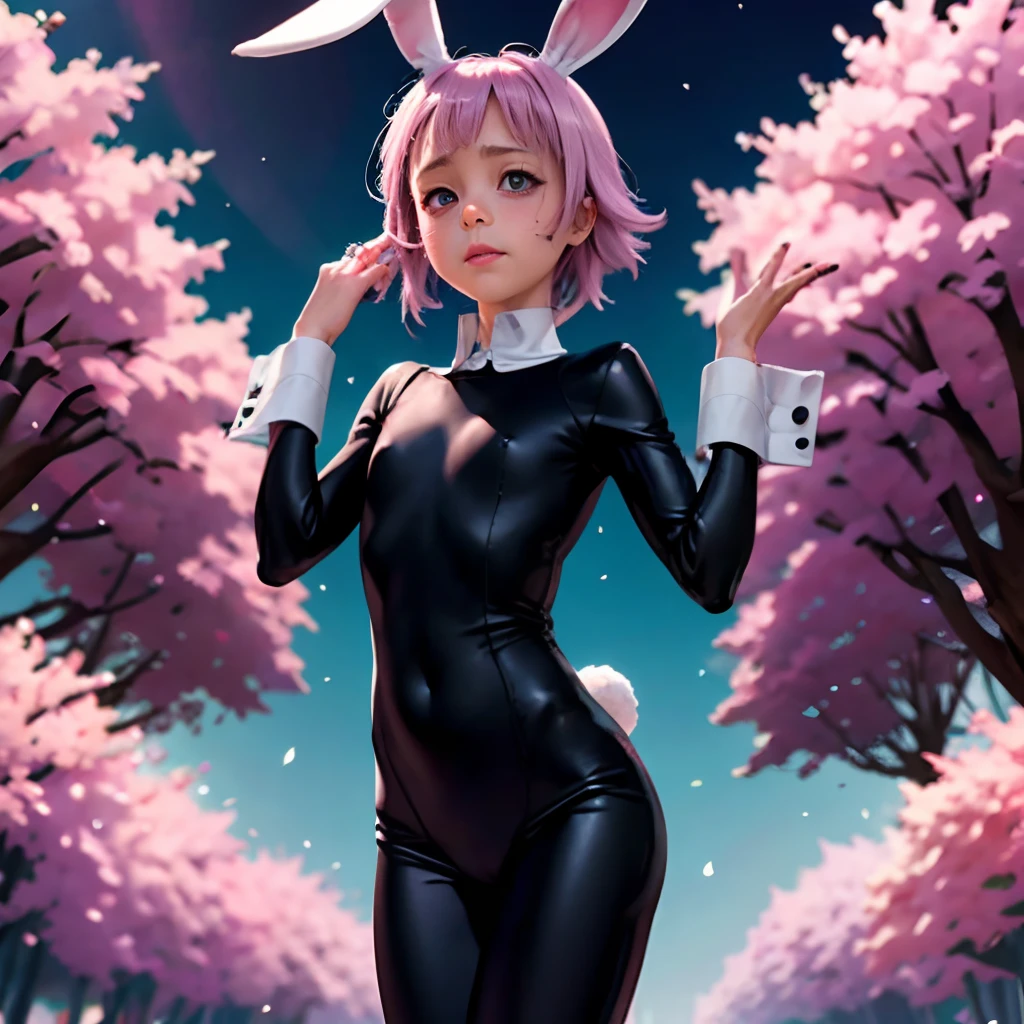 Who has a cosplay bunny costume and and around him Hear flowers and be looking at the camera that looks good your body that looks good pictures of crona 2.5D Anime realisti that your face and your eyes that do come out well formed your hands that if they come out well formed and in your hand (derecha este sujetador) pero no tiene nada