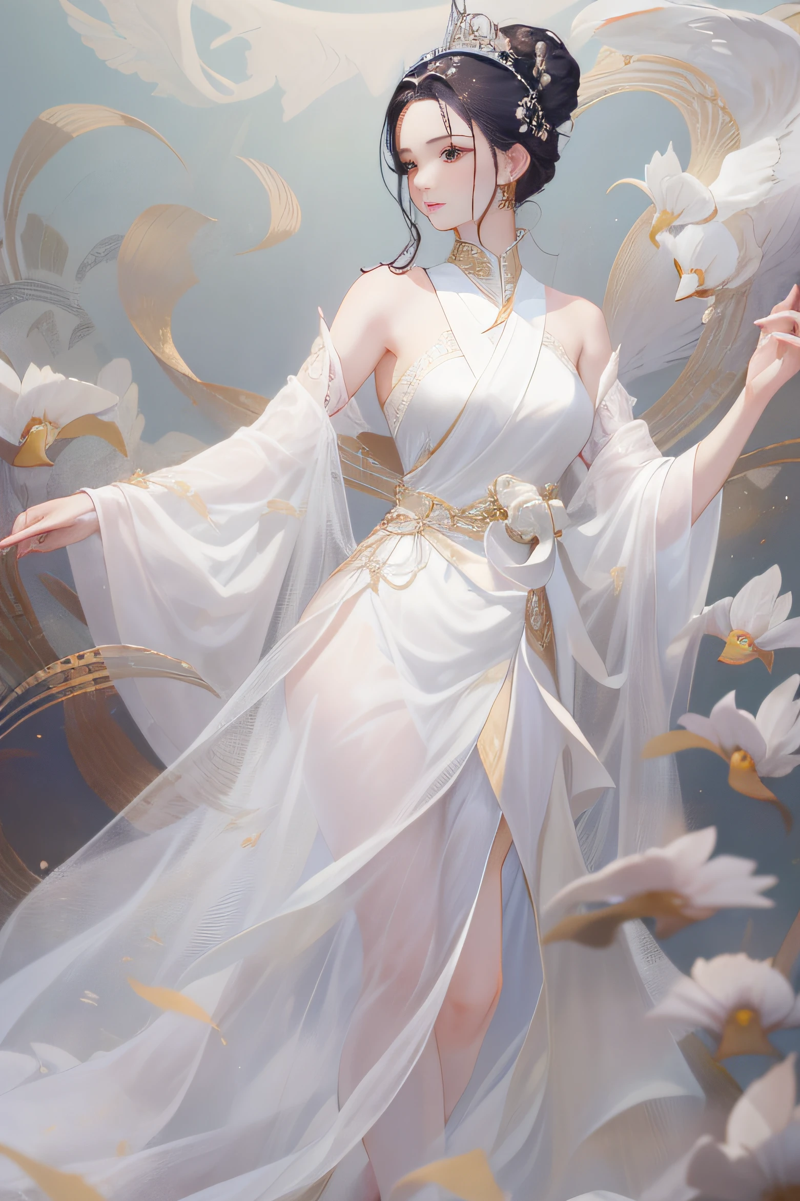 Porcelain white skin、Long hair shawl、Dressed in a tulle-like palace dress,In a graceful dance,Highlight her perfect figure,The tall figure has beautiful and smooth lines,As graceful as a swan,The skin is tender and delicate,White as mutton fat jade
