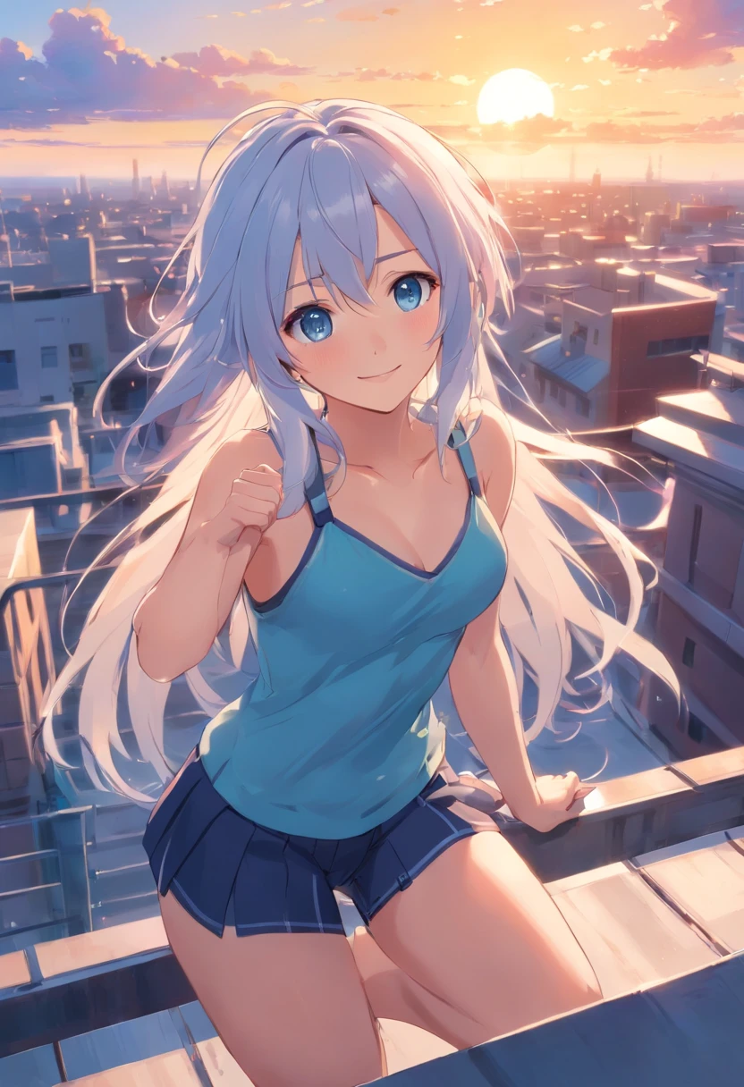 Long hair, Blushing face, Blue eyes, Navel, Silver hair, White hair, multicolored hair, Two-tone hair, liquid hair, corsets, Garter Belt, Stockings, breats, braid, Navel, ((Magazine Cover)), Upper body、Doya face、On the rooftop、Sunset sky、a smile、Doya Face Pose