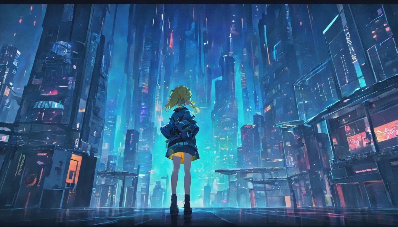 view looking up at cyberpunk city, from below, blue neon, perspective, deep in the night, back view of a girl looking up