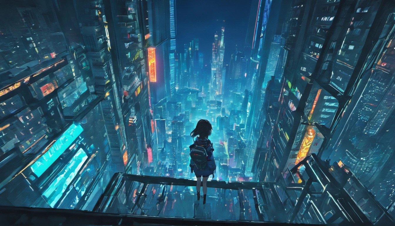 view looking up at cyberpunk city, from below, blue neon, perspective, deep in the night, back view of a girl looking up