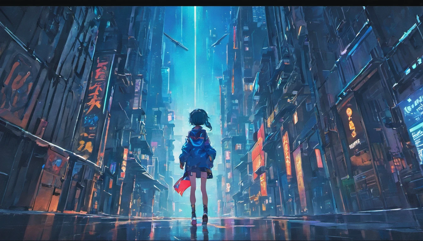 view looking up at cyberpunk city, from below, blue neon, perspective, deep in the night, back view of a girl looking up