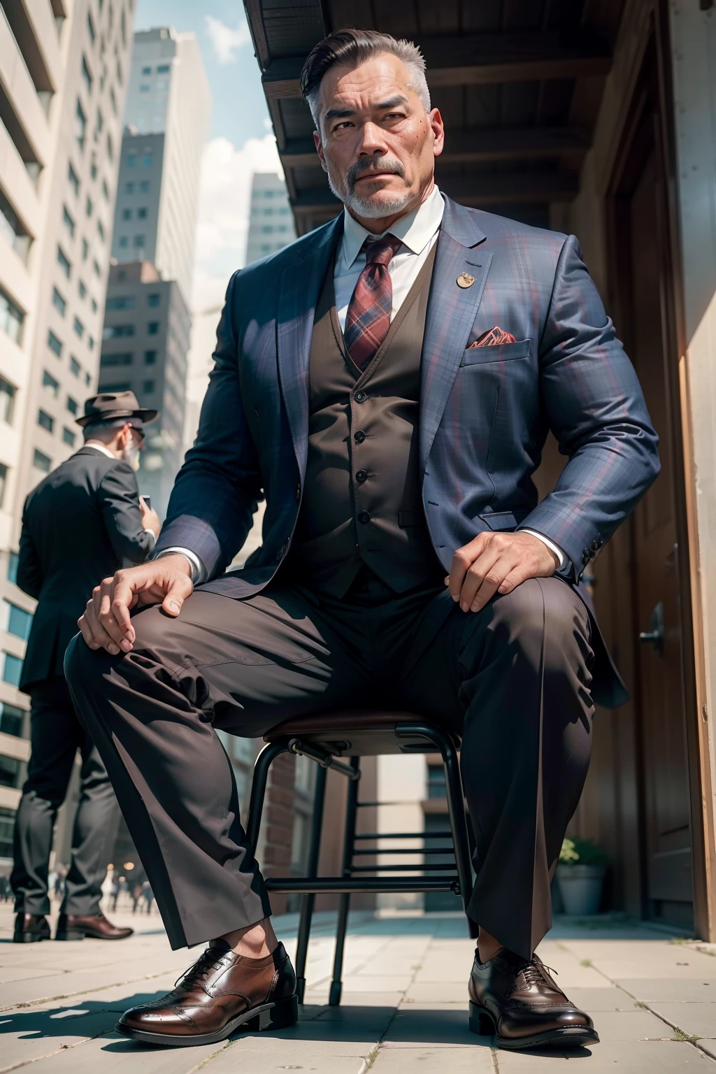 55-year-old middle-aged man,Man,grampa,Height 195,Asian people,Step on the chair,God perspective,The eyes are about to face each other,Chinese men,musculature,Lift one foot,Wearing a brown suit,Red plaid tie,black greatcoat,Black socks,Brown oxford shoes,Cord,Chains,Ferocious and ferocious,The background is outdoors,Holding a steel pipe in his hand