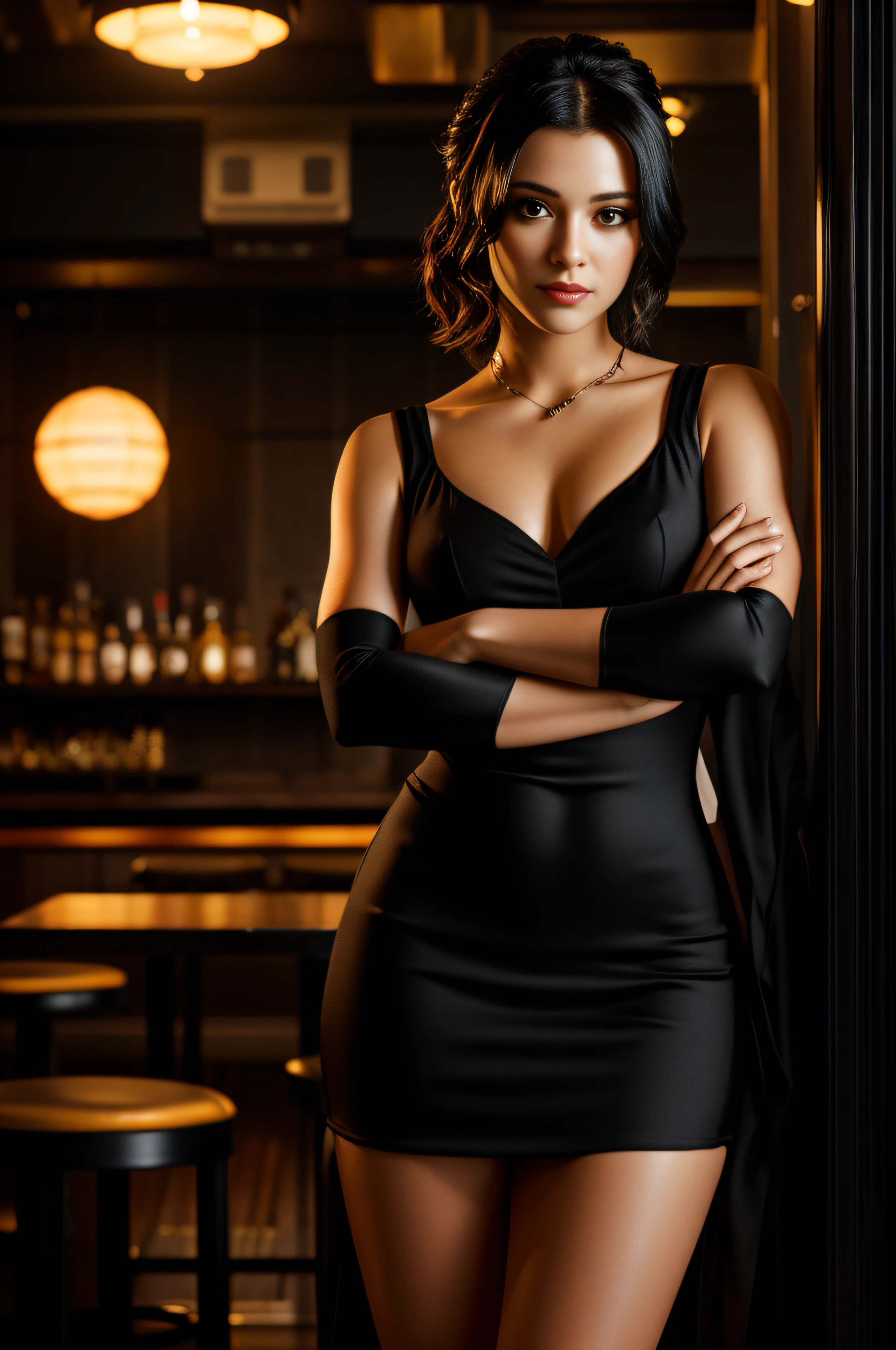 arafed woman in a black dress posing with her arms crossed, she is wearing a black dress, smooth in _ the background, casual pose, full body portrait shot, taken in the early 2020s, tube-top dress, full body and head shot, black dress : : symmetrical face, full body picture, wearing a black dress, Positive perspective,Cyberpunk speakeasy background, diner background, Bar background, tavern background, Mobile game background, fantasy tavern background, lounge background, Showcase, personal room background, 1128x191 resolution, upscale restaurant, ((( model face light must bright & smooth )))