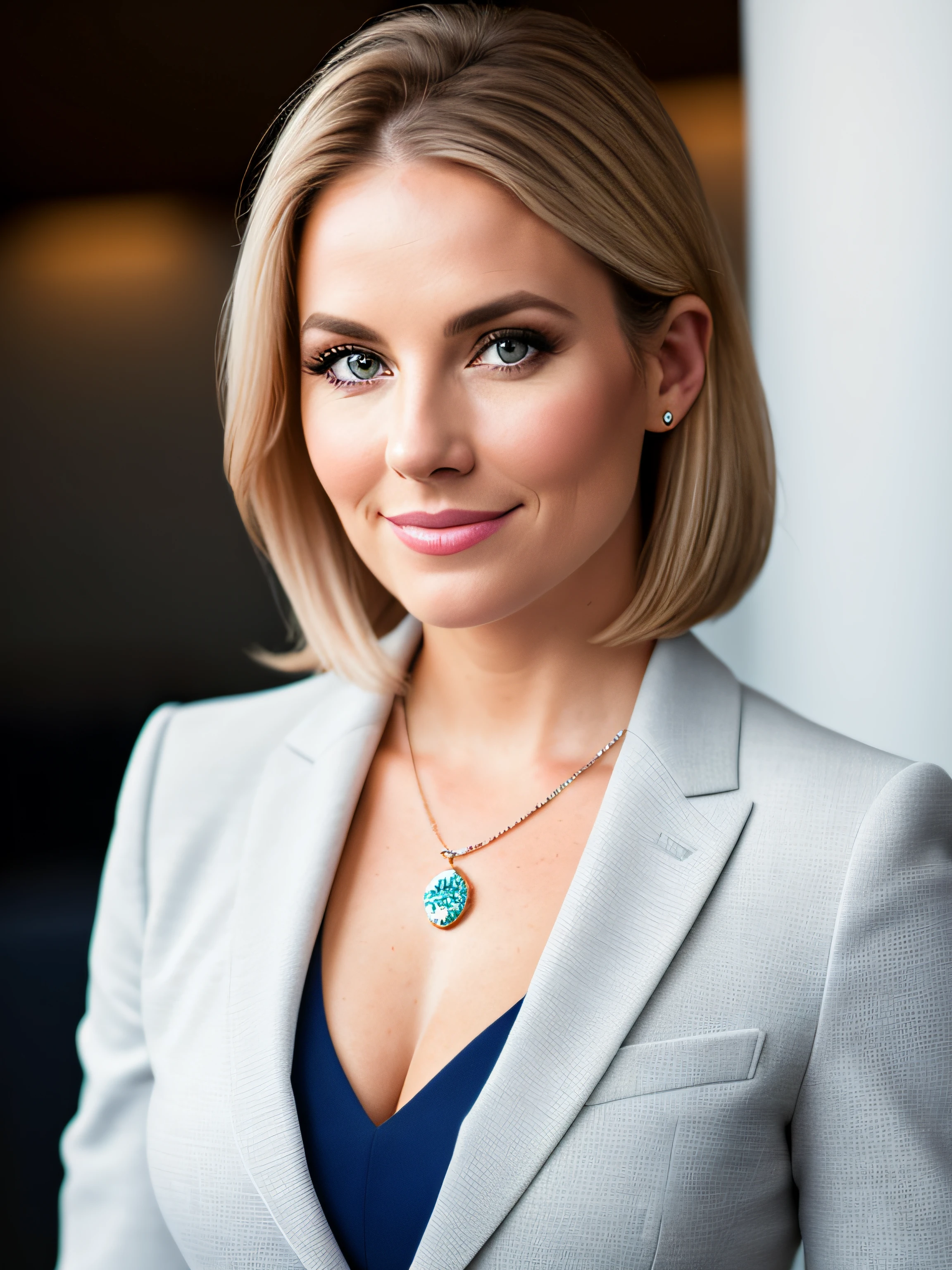 portrait, cute, confident, Inspirational, woman of American origin, fair skin, heterochromatic eyes, (skin texture), skin pores, shallow depth of field, sharp eye focus, backlit, tapered nose, standing, full body, news anchor room,Thin, woman suit, standing, full body, fortitude, tmasterpiece, professional photo