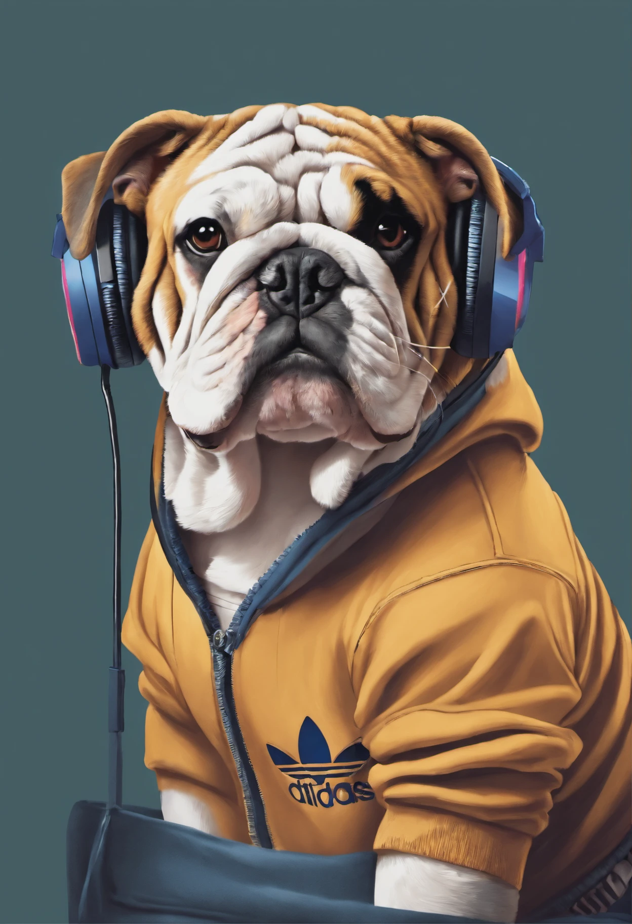 English bulldog wearing an adidas 80s sweatshirt with a headset