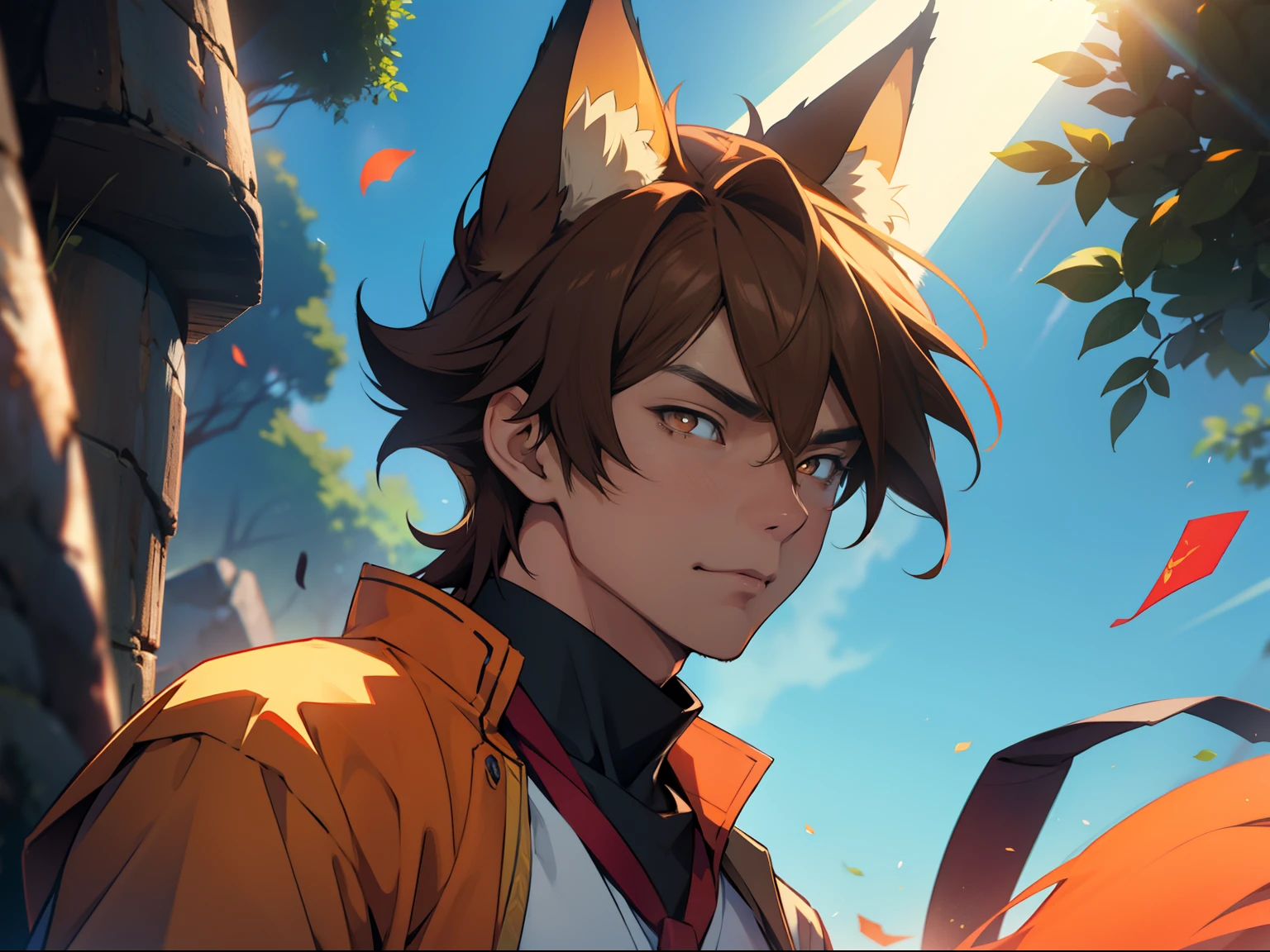 Asian man, male, orange eyes, sunlight, fox ears, brown hair, school Outfit, pretty, highly detailed, cinematic, epic, anime style