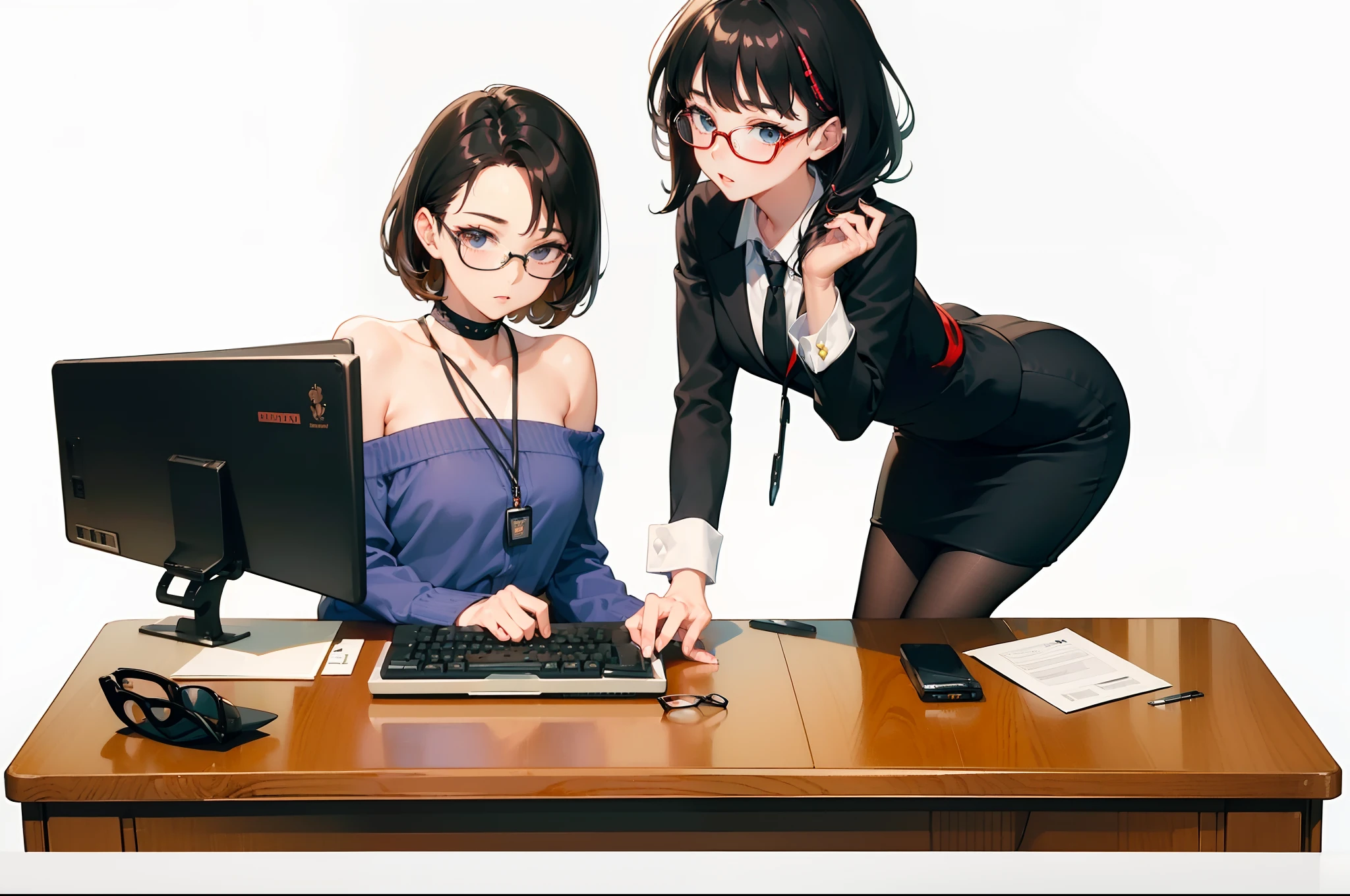 (masterpiece:1.5) (bestquality) highlydetailed ultra-detailed 1boy:(black hair) (glasses) (suit) (desk:1.5) (computer:1.2) monitor keyboard laptop cup office formal 1girl:(black hair) (glasses) (office lady) (pantyhose) (pencil skirt) (skirt) poke ball