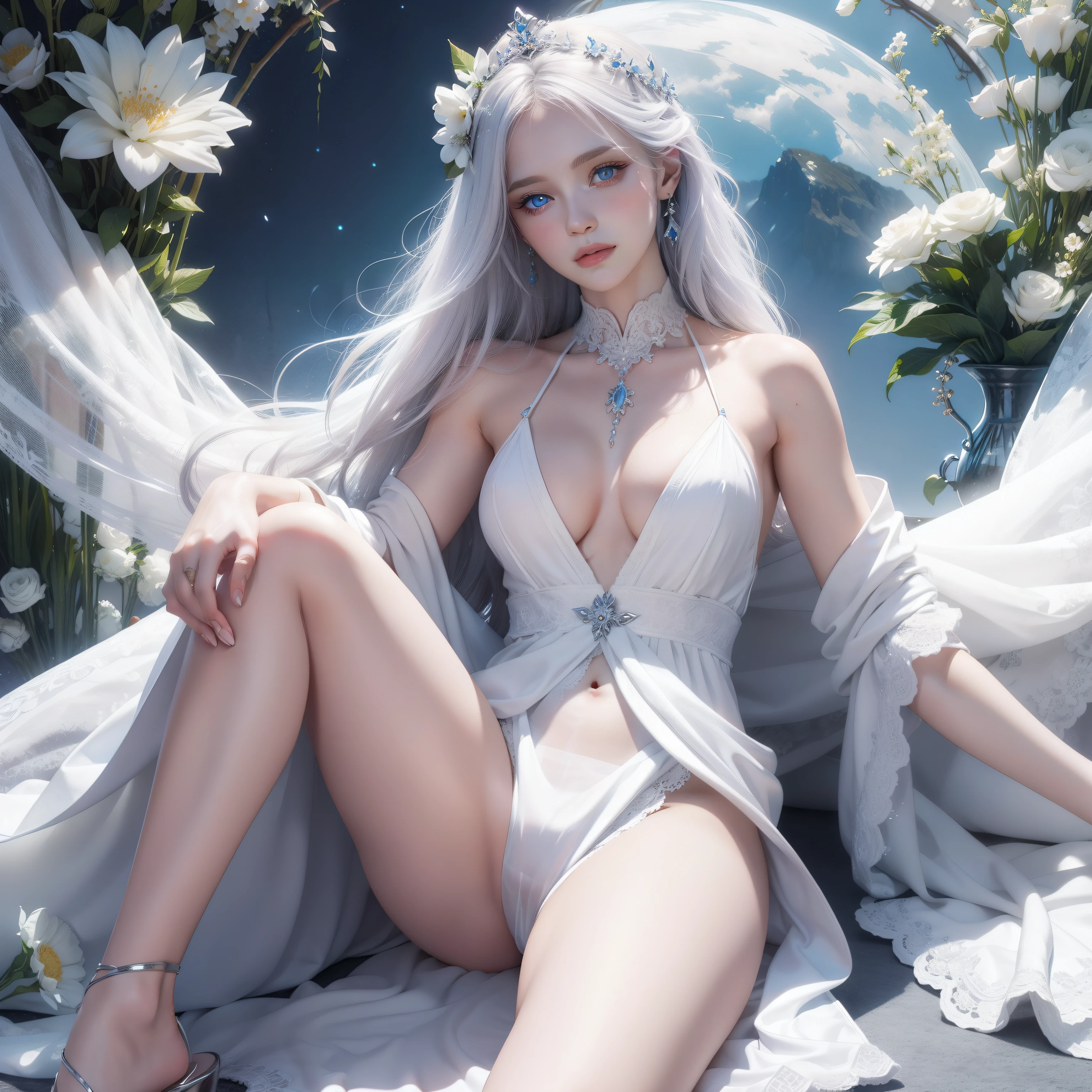 White goddess blue eyes in human shape、beautiful body of a flower of a very attractive age with white pubic hair,,Wearing a white nout gown,