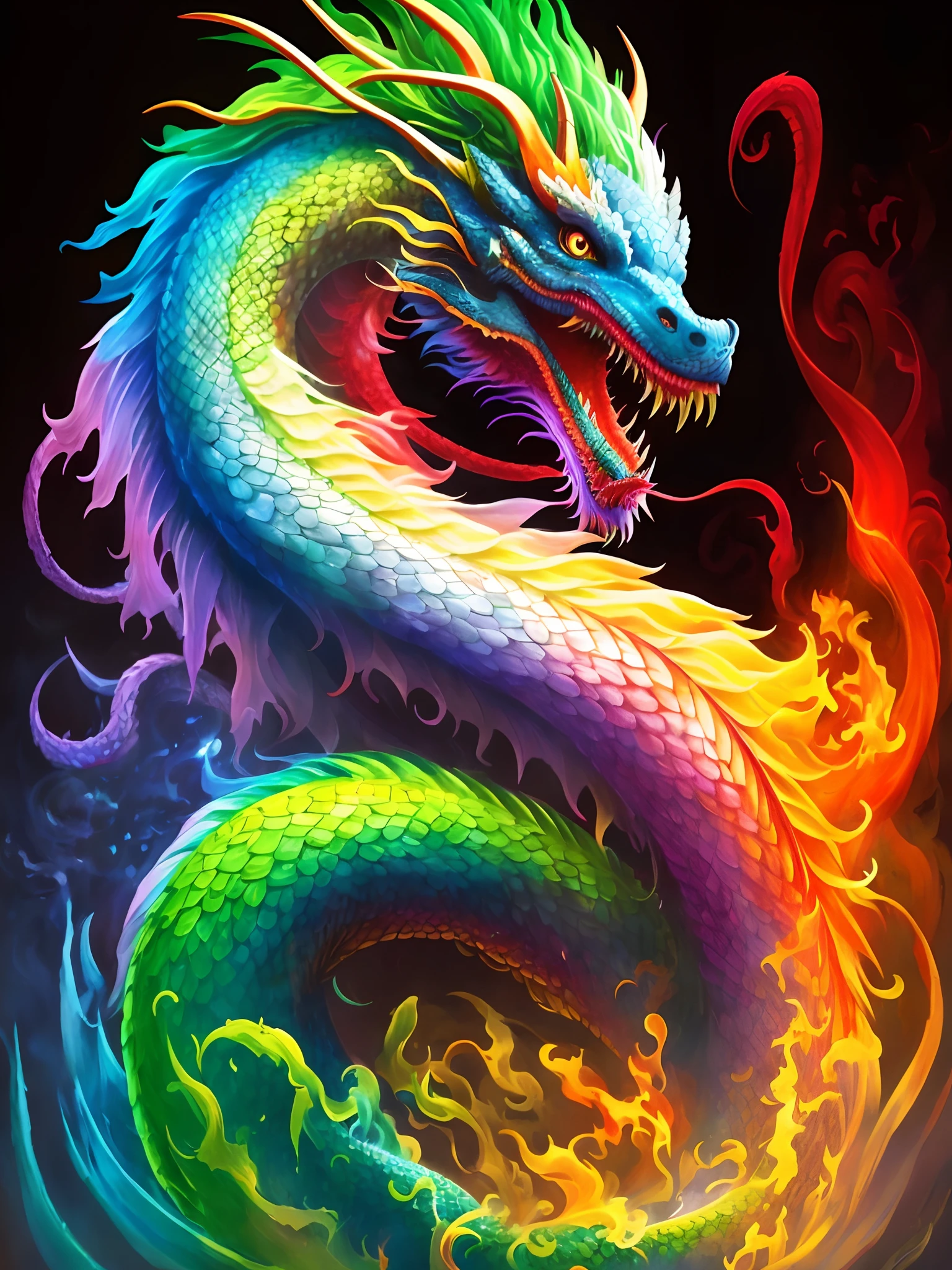Colorful dragon with long tail and long tail, Dragon Art, cyan chinese dragon fantasy, fire flaming dragon serpent, ''dragon breathing fire, smooth chinese dragon, Chinese Dragon, phoenix dragon, highly intricate and colorful, fire flaming serpent, mythological creatures, oil painting of dragon, colorful intricate masterpiece, dragon breathing fire, chinese dragon concept art, majestic japanese dragon