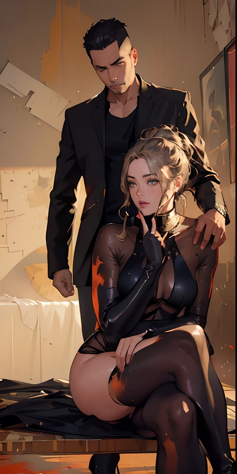 Hay un hombre y una mujer sentados en un banco, con un traje negro, Captura de pantalla del video de YouTube, Usar ropa negra ajustada, con un catsuit negro, sexy movie photo, amber heard squatting on a bed, Imagen de un video musical, Llevar traje ajustado, Ropa negra ajustada, vejatorio, posing for playboy photoshoot, tocando su ropaabstracto professional abstract portrait featuring a beautiful woman with unconventional framing and composition, avant-garde and raw, graffiti and street art, ((( abstract, splatter, large brush strokes, palette knife painting, heavy oil impasto))) art by Carne Griffiths and Wadim Kashin, detailed symmetrical circular iris, approaching perfection, dynamic, moonlight, highly detailed, digital painting, concept art, soft, sharp focus, illustration, trending on artstation, studio shot, intricate details, Highly Detailed, by Greg Rutkowski, Digital Art, Perfect Composition, Beautiful Detail, Highly Detailed Octane, 8k Fine Art Photography, Photorealistic Concept Art, Natural Soft Volumetric Cinematic Perfect Light, TanvirTamim, Chiaroscuro, Award Winning Photography, Masterpiece, Oil On Canvas , rafael, caravaggio, beeple, beksinski, giger