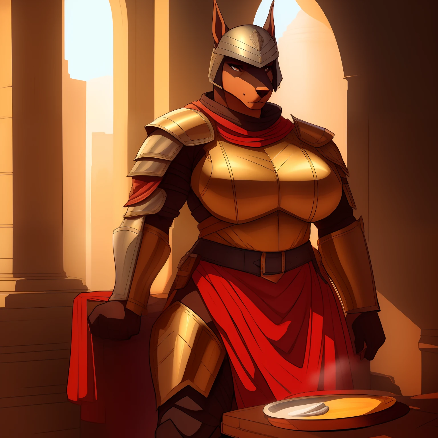 Very_muscular_mature_doberman female dark_brown_two-tone_furry_body brown_eyes milf heavy_plate_armor sallet_helmet misty_breath solo Masterpiece best_quality absurdres highly_detailed cleanly_drawn_eyes anthro_only large_breasts by_claweddrip, by_greasymojo, by_underscore-b, by_runawaystride