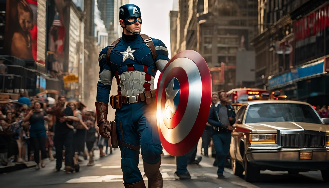 Captain America Steve Rogers stands tall and proud, his iconic shield gleaming in the bright sunlight as he walks through the bustling streets of Times Square, New York City. The towering skyscrapers and neon billboards seem to fade into the background as he strides purposefully forward, his eyes scanning the crowd for any signs of danger or injustice. Despite the modern surroundings, Cap's classic red, white, and blue uniform looks like it belongs in a bygone era, a symbol of hope and heroism that transcends time. As he passes by street performers and vendors, people can't help but stop and stare, their faces filled with wonder and admiration for the legendary superhero. In the distance, the sound of police sirens and car horns adds to the cacophony of sounds, creating a sense of urgency and excitement. What adventure awaits Captain America in this vibrant metropolis?