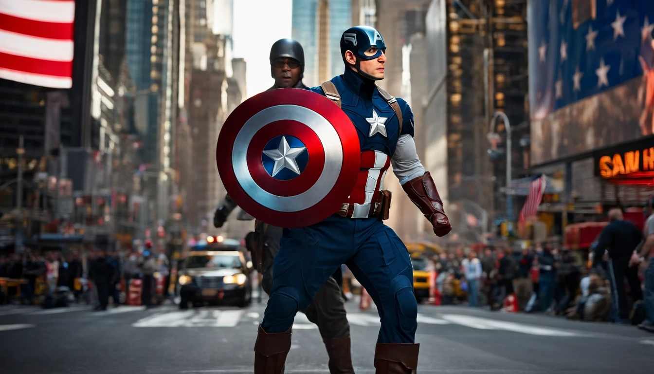 Captain America Steve Rogers stands tall and proud, his iconic shield gleaming in the bright sunlight as he walks through the bustling streets of Times Square, New York City. The towering skyscrapers and neon billboards seem to fade into the background as he strides purposefully forward, his eyes scanning the crowd for any signs of danger or injustice. Despite the modern surroundings, Cap's classic red, white, and blue uniform looks like it belongs in a bygone era, a symbol of hope and heroism that transcends time. As he passes by street performers and vendors, people can't help but stop and stare, their faces filled with wonder and admiration for the legendary superhero. In the distance, the sound of police sirens and car horns adds to the cacophony of sounds, creating a sense of urgency and excitement. What adventure awaits Captain America in this vibrant metropolis?