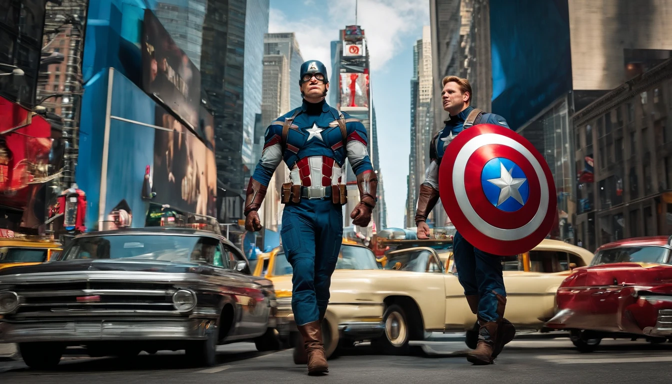 Captain America Steve Rogers stands tall and proud, his iconic shield gleaming in the bright sunlight as he walks through the bustling streets of Times Square, New York City. The towering skyscrapers and neon billboards seem to fade into the background as he strides purposefully forward, his eyes scanning the crowd for any signs of danger or injustice. Despite the modern surroundings, Cap's classic red, white, and blue uniform looks like it belongs in a bygone era, a symbol of hope and heroism that transcends time. As he passes by street performers and vendors, people can't help but stop and stare, their faces filled with wonder and admiration for the legendary superhero. In the distance, the sound of police sirens and car horns adds to the cacophony of sounds, creating a sense of urgency and excitement. What adventure awaits Captain America in this vibrant metropolis?
