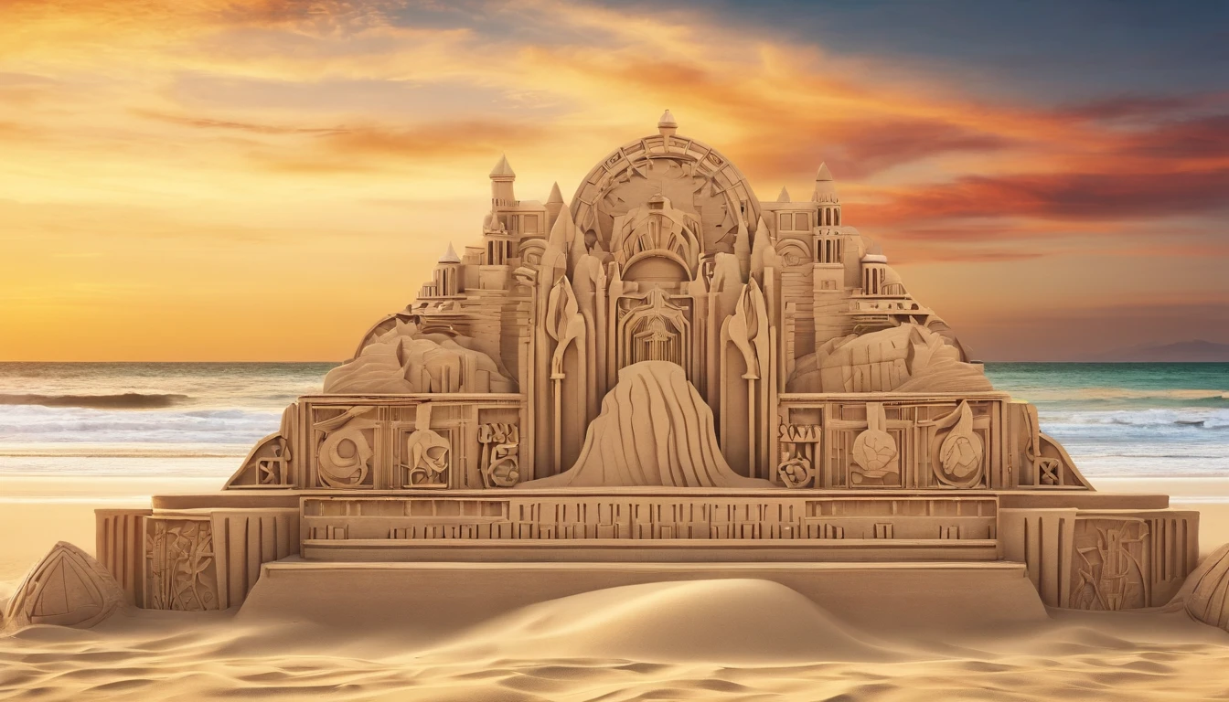 Sand sculpture with "D idea", On the beach, 8K UHD, Ultra detailed,