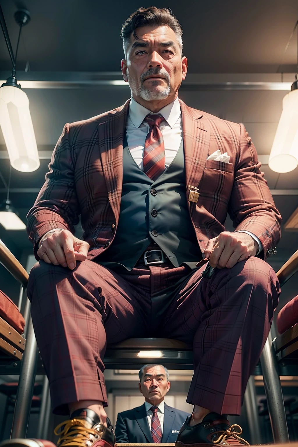55-year-old middle-aged man，Man，grampa，Height 195，Asian people，Sit on an iron sood perspective，The eyes are about to face each other，Chinese men，musculature，Lift one foot，Wearing a red plaid suit，Pink plaid tie，Red coat，Black socks，Brown oxford shoes，Cord，Chains，Ferocious and ferocious，Background in the club，Holding a steel pipe in his hand