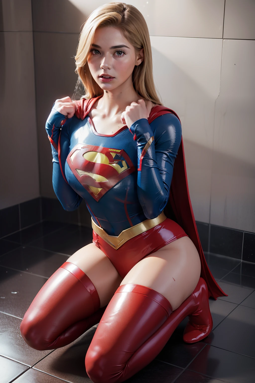 best quality, Sexy magro ((Supergirl Loira)) com seios perfeitos e um bumbum bonito, defeated kneels on the ground, veste um ((red latex bands)), pulseiras de couro, groin straps, roupa interior com ligaduras e meias, pencil skirt, Tanga, virilha, tem tatuagens, usa colarinho, mostra clivagem, seios, nu, Very detailed, (((Tight slavery)))), ((Amarrado))), submission, Fetiches, Apertado, ((Wet)), (chuva)), (Shower Water)), (cabelos molhados), puddle, Realistic photography, HDR 4K, (tiro de corpo inteiro), (wide angle)