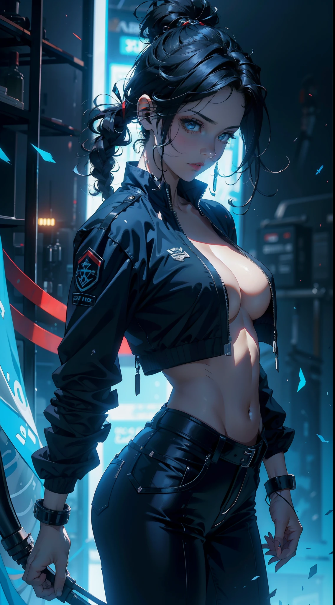 1mujer,35yo,plomada,pecho extremadamente grande, solo,(Antecedentes con:Maquinaria enorme,droide,aerodrome,Aviones,Huge mechanical armor,) Tiene el pelo negro muy corto,Cabeza BOBO,Stand on the plane,,visto de frente, cabello lacio, cielo mayormente nublado,(((tmasterpiece),(fondo de pantalla muy detallado de CG Unity 8k),Mejor calidad,Cinmatic Lighting,Background detallado,hermosos ojos detallados,pupilas brillantes,ojos azules,Piel blanca como la nieve,Labio rojo(muy fino y hermoso),(Beautiful and detailed eye description),Ultra - detallado,tmasterpiece,))staring at the camera,A high resolution,Ultra - detallado),Revelando los senos,Genitals only, protuberancia,legs are open,Criado sexy,Dedos de camello,tez enrojecida,Desire for dissatisfaction,Fachada,British Air Force,aviador,Gorra de oficial(Vistiendo:chaqueta blazer,frac,Blusa color blanco,una pajarita negra,pantimedias negras,Bordado de alambre de oro,Pechos desnudos)Estilo Cyber Punk