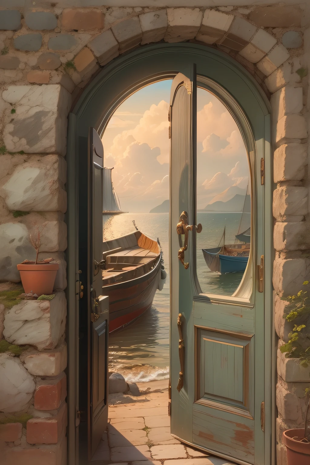 Sea landscape with boats seen through a tall, rounded door